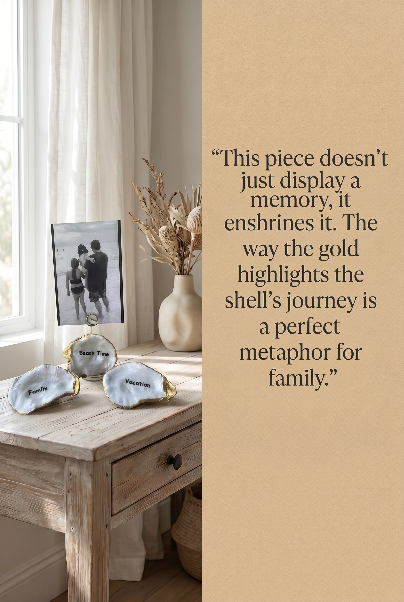 Gilded oyster shell photo holder and trinket dishes styled on a rustic coastal table