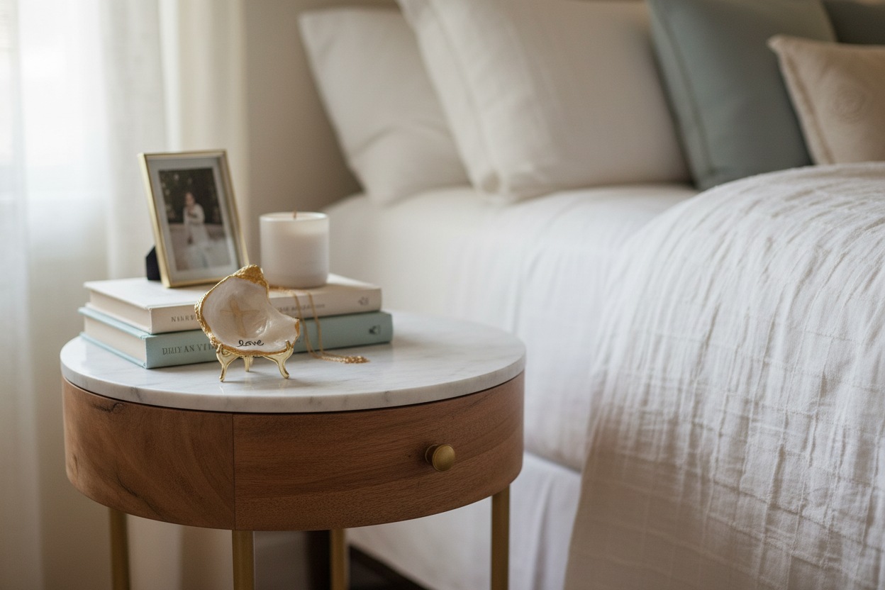 Gilded oyster trinket dish on its stand styled on a nightstand — a luxury coastal Mother's Day gift from The Golden Shoreline