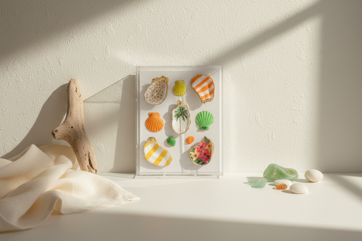 Gilded shell shadowbox coastal wall art handcrafted luxury decor by The Golden Shoreline"