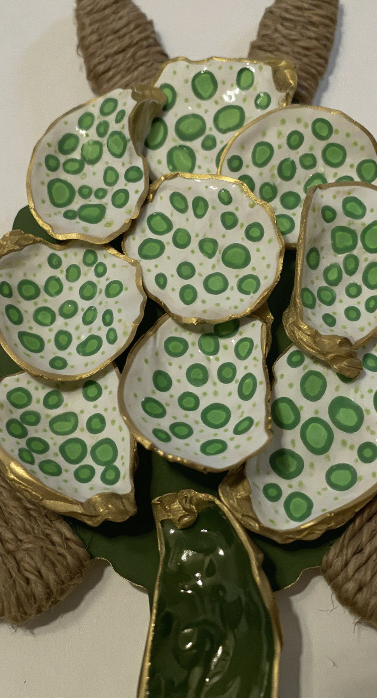 Close-up of The Gilded Loggerhead Sea Glass Edition shells — hand-painted green and gold paint shell details on handcrafted sea turtle by The Golden Shoreline