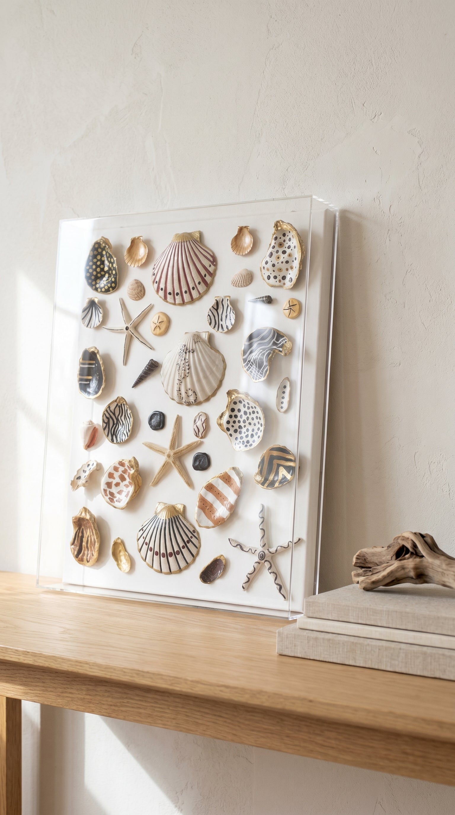 AI lifestyle image of The Curated Coast Gallery Collection 16x20 hand-painted shell shadowbox — coastal statement art piece by The Golden Shoreline