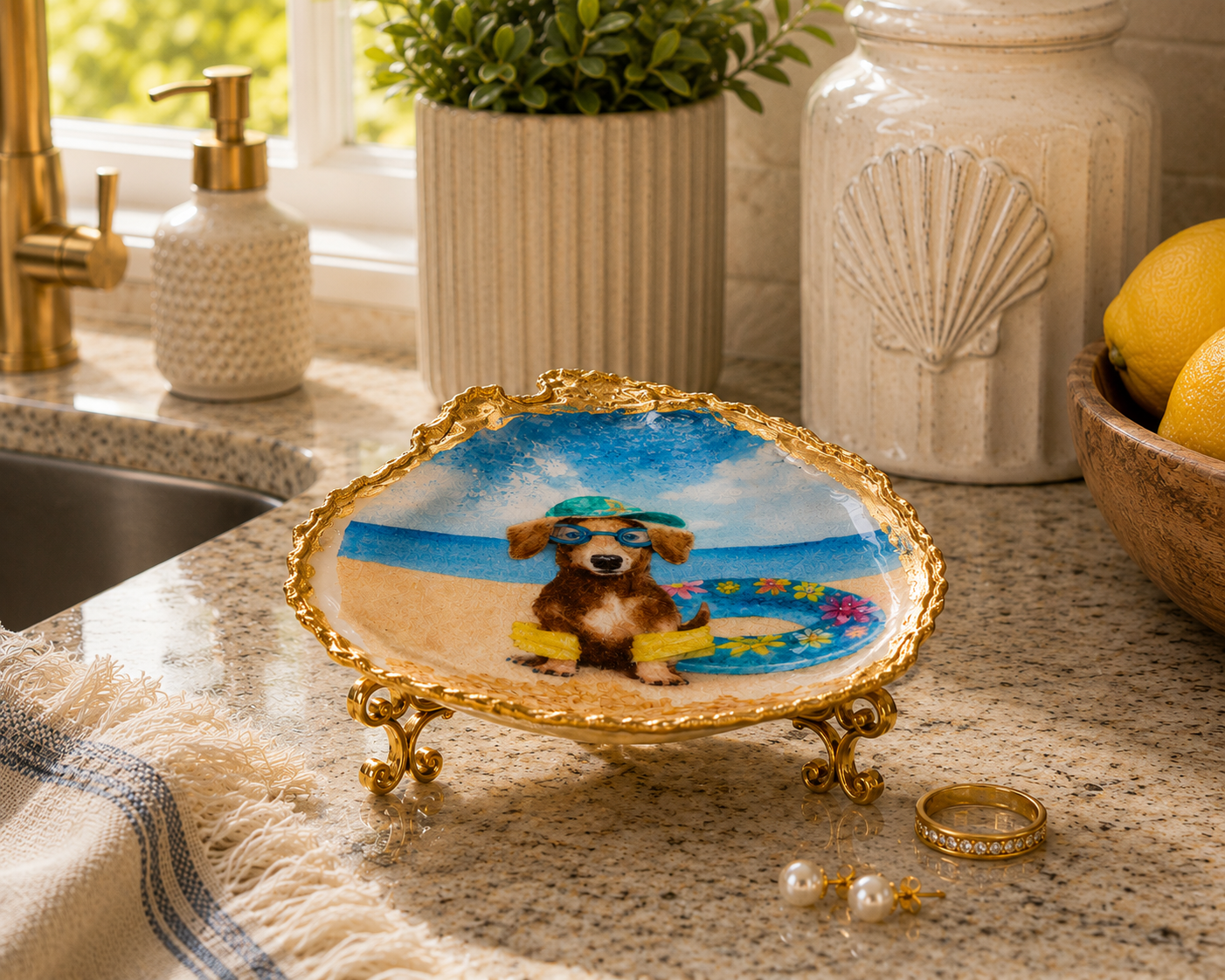 AI lifestyle flat lay of Dachshund Paradise oyster shell trinket dish styled with candle, ring, and earrings — coastal home décor gift for Dachshund lover.