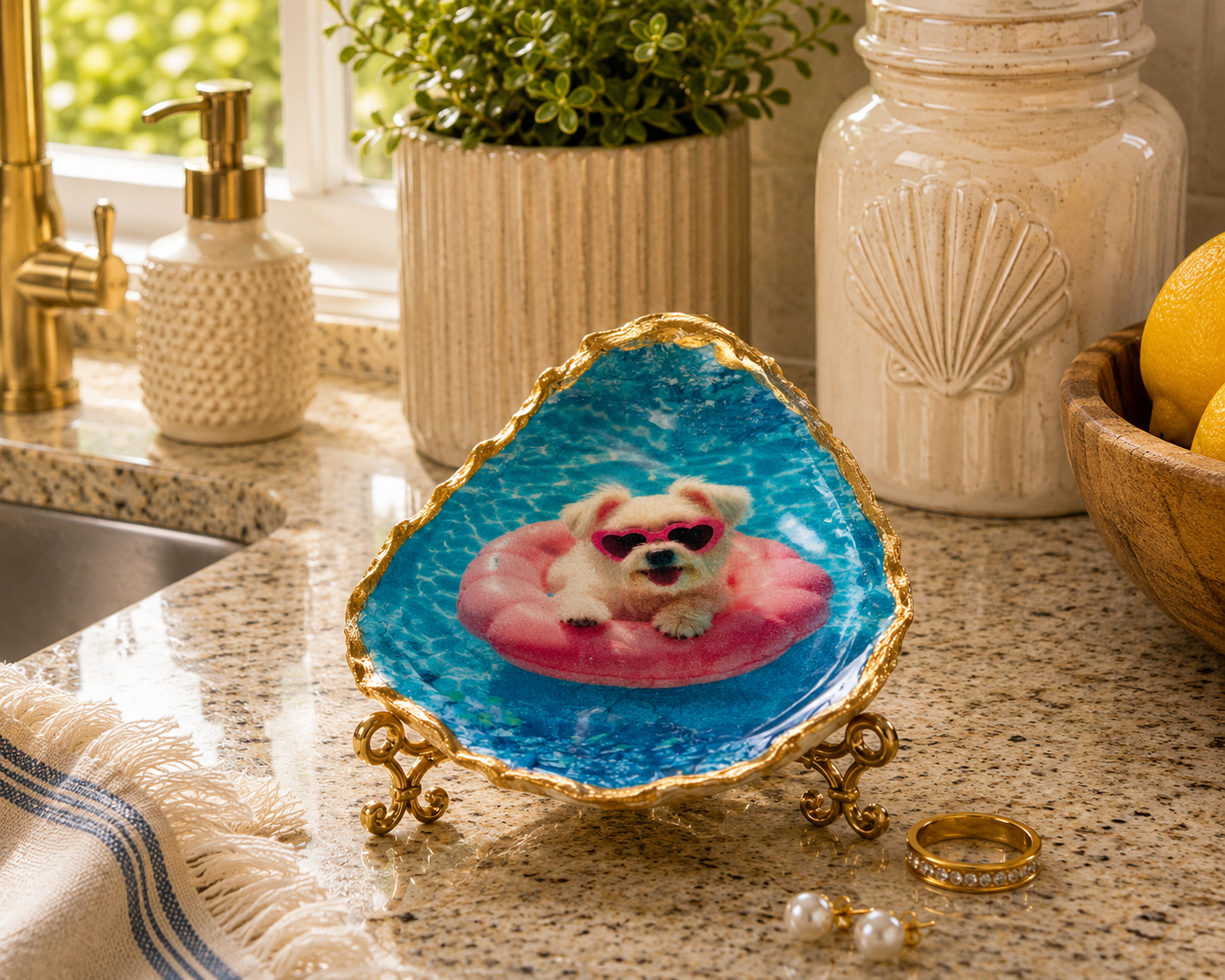 AI lifestyle flat lay of Maltese Poolside Paradise oyster shell trinket dish styled with candle, ring, and earrings — coastal home décor gift for Maltese lovers