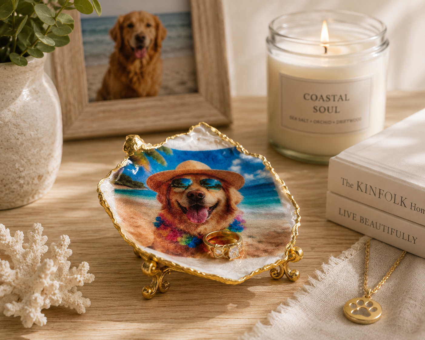 AI lifestyle photo of Golden Retriever Beach Day oyster shell trinket dish — coastal home décor gift for dog lovers