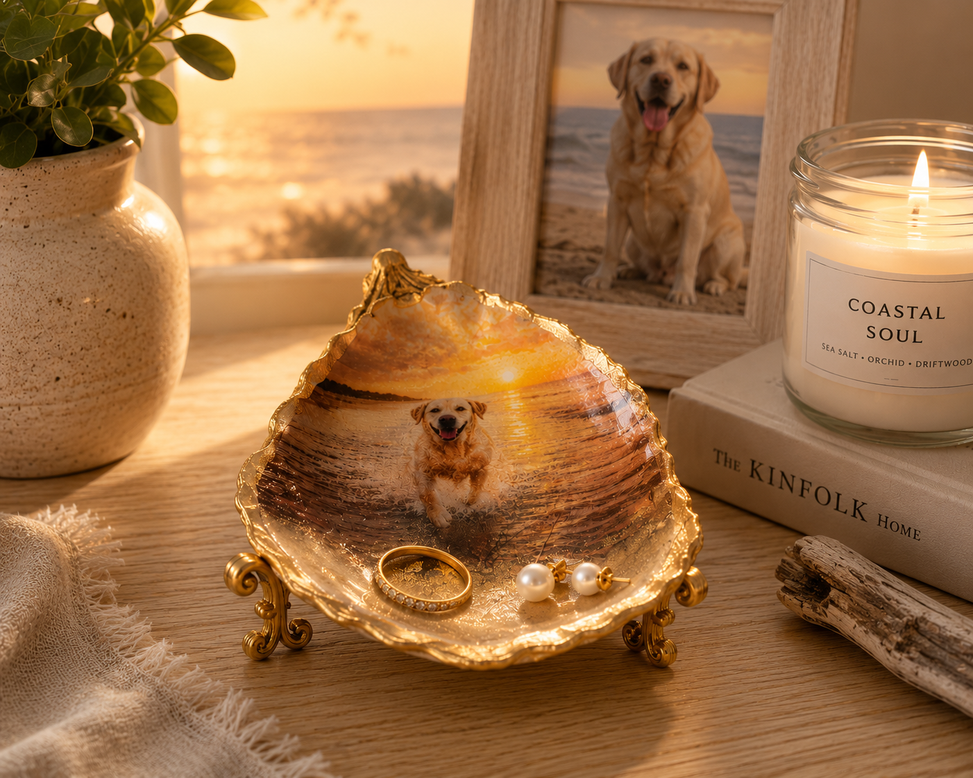 AI lifestyle photo of Labrador Sunset Stroll oyster shell trinket dish — coastal home décor gift for dog lovers