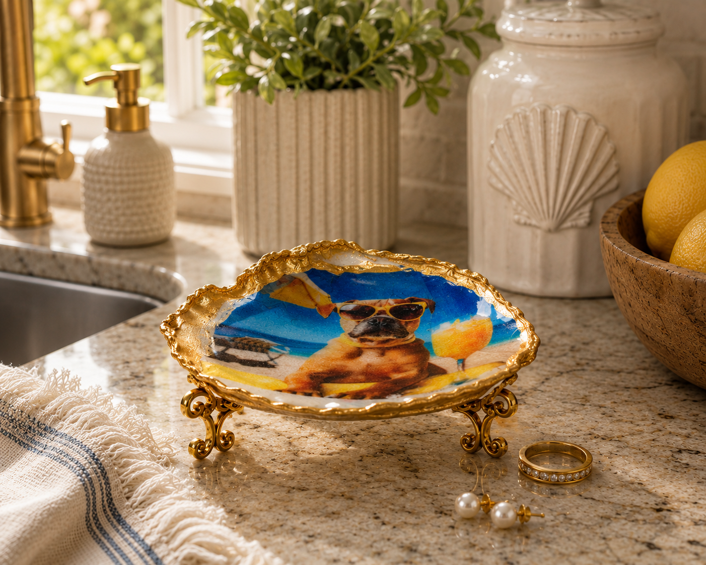 AI lifestyle flat lay of Boxer Paradise oyster shell trinket dish styled with candle, ring, and earrings — coastal home décor gift for Boxer lovers