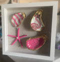 "The Flamingo Waltz gilded shell shadowbox coastal wall art by The Golden Shoreline"