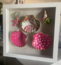 The Flamingo Waltz gilded shell shadowbox coastal wall art by The Golden Shoreline"