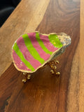 Gilded oyster trinket dish pink and lime stripe by The Golden Shoreline"
