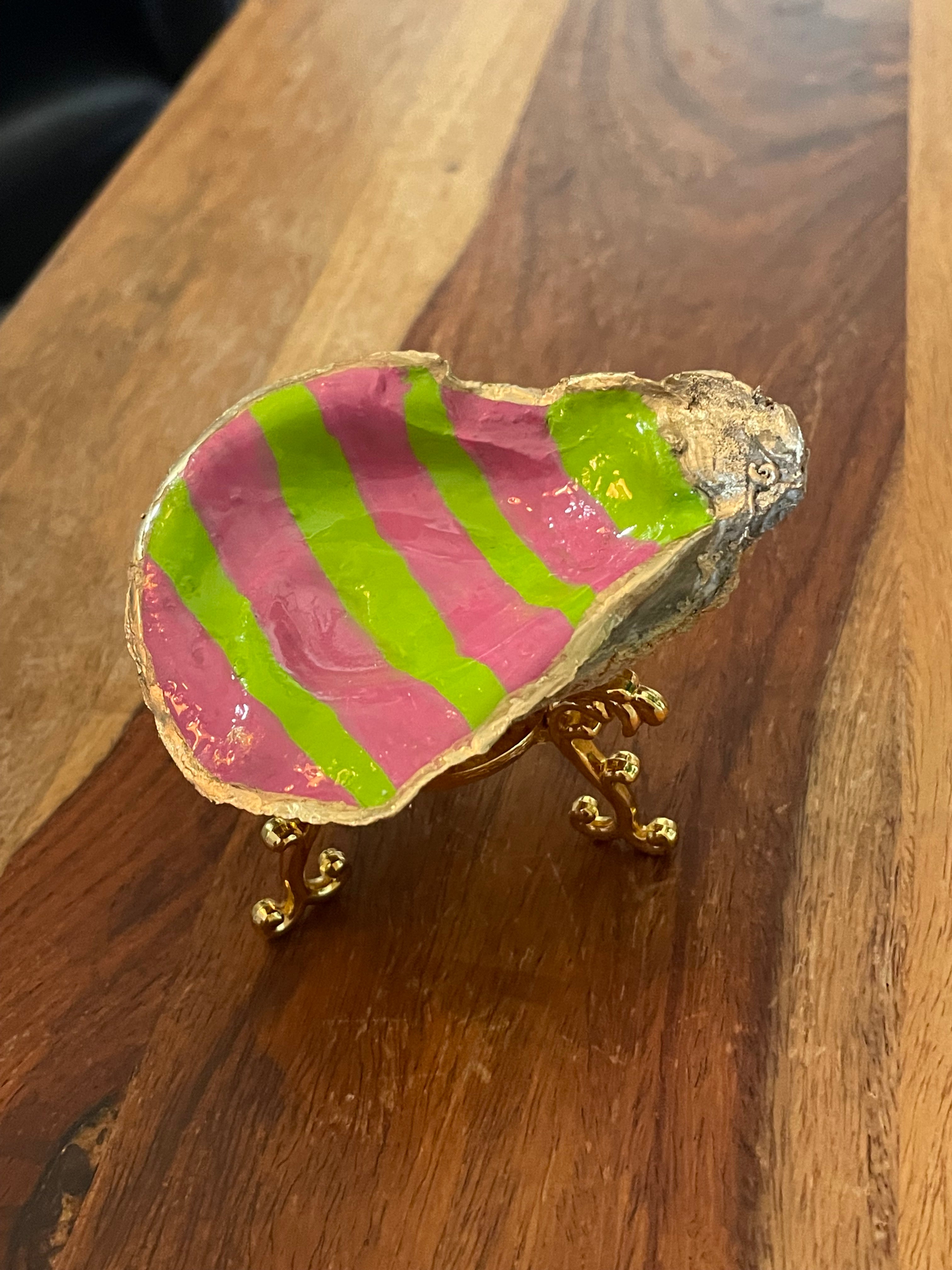 Gilded oyster trinket dish pink and lime stripe by The Golden Shoreline"