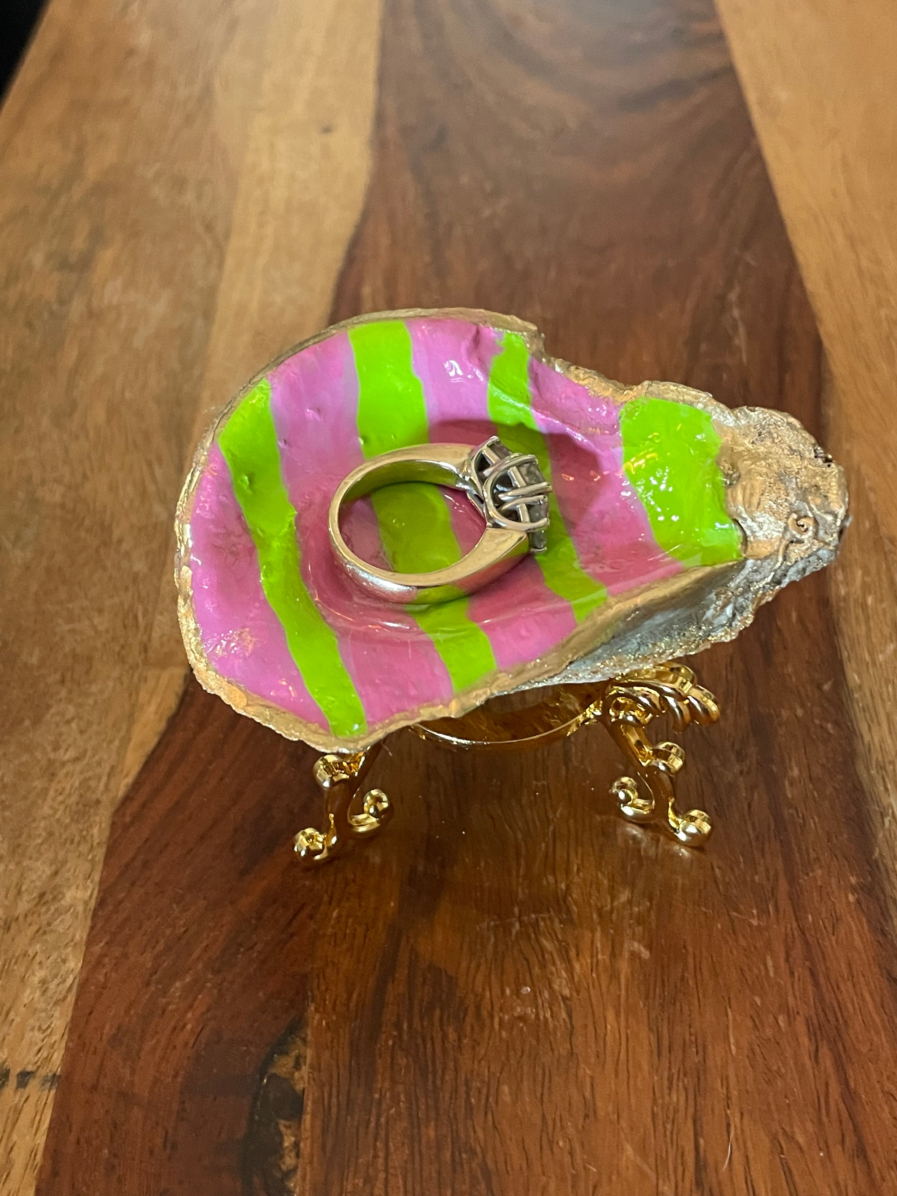 Pink and Lime Stripe-Gilded Oyster Trinket Dish
