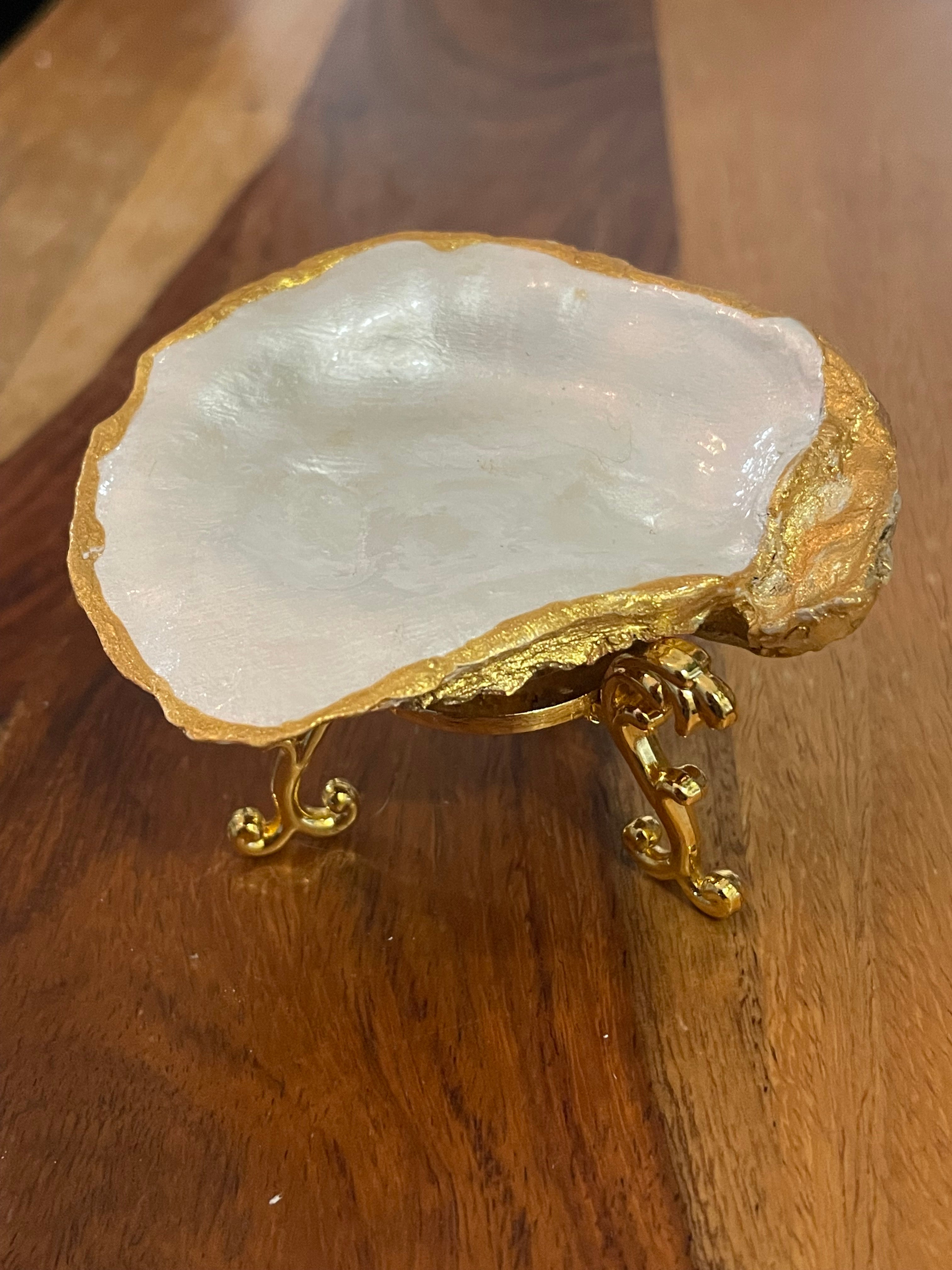 Gilded oyster trinket dish pink and lime stripe by The Golden Shoreline"