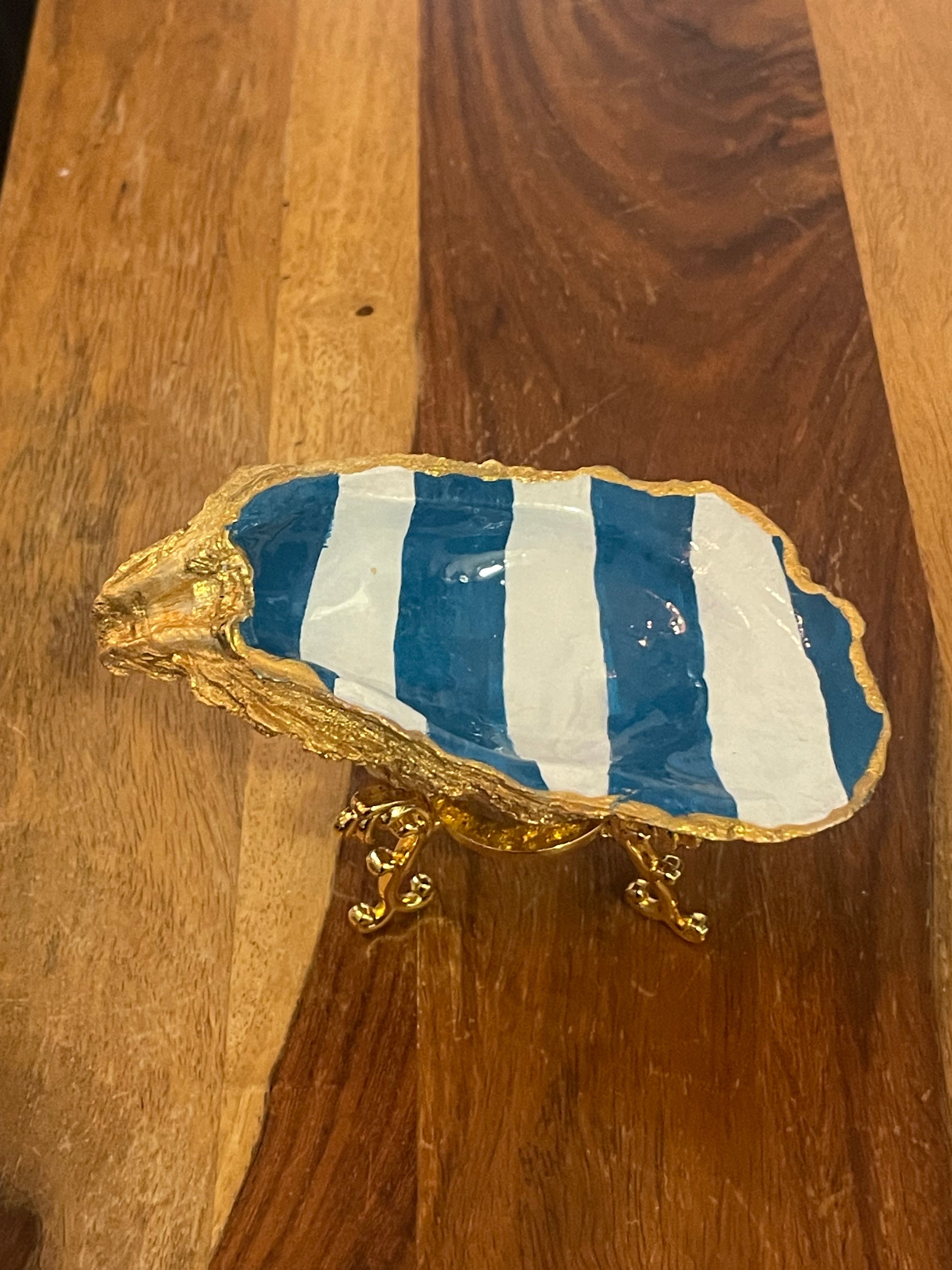 Harbor Blue Stripe-Gilded Oyster Trinket Dish