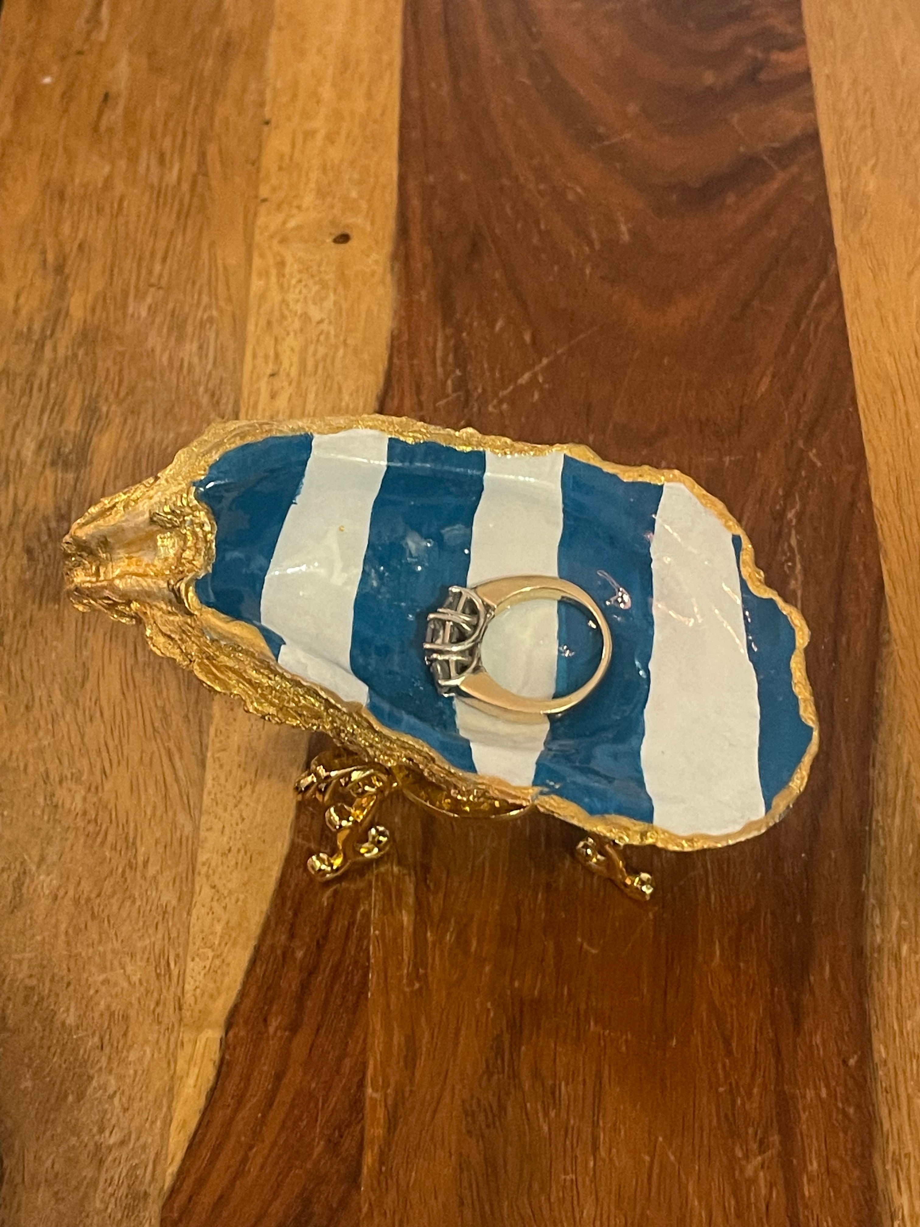 Harbor Blue Stripe-Gilded Oyster Trinket Dish