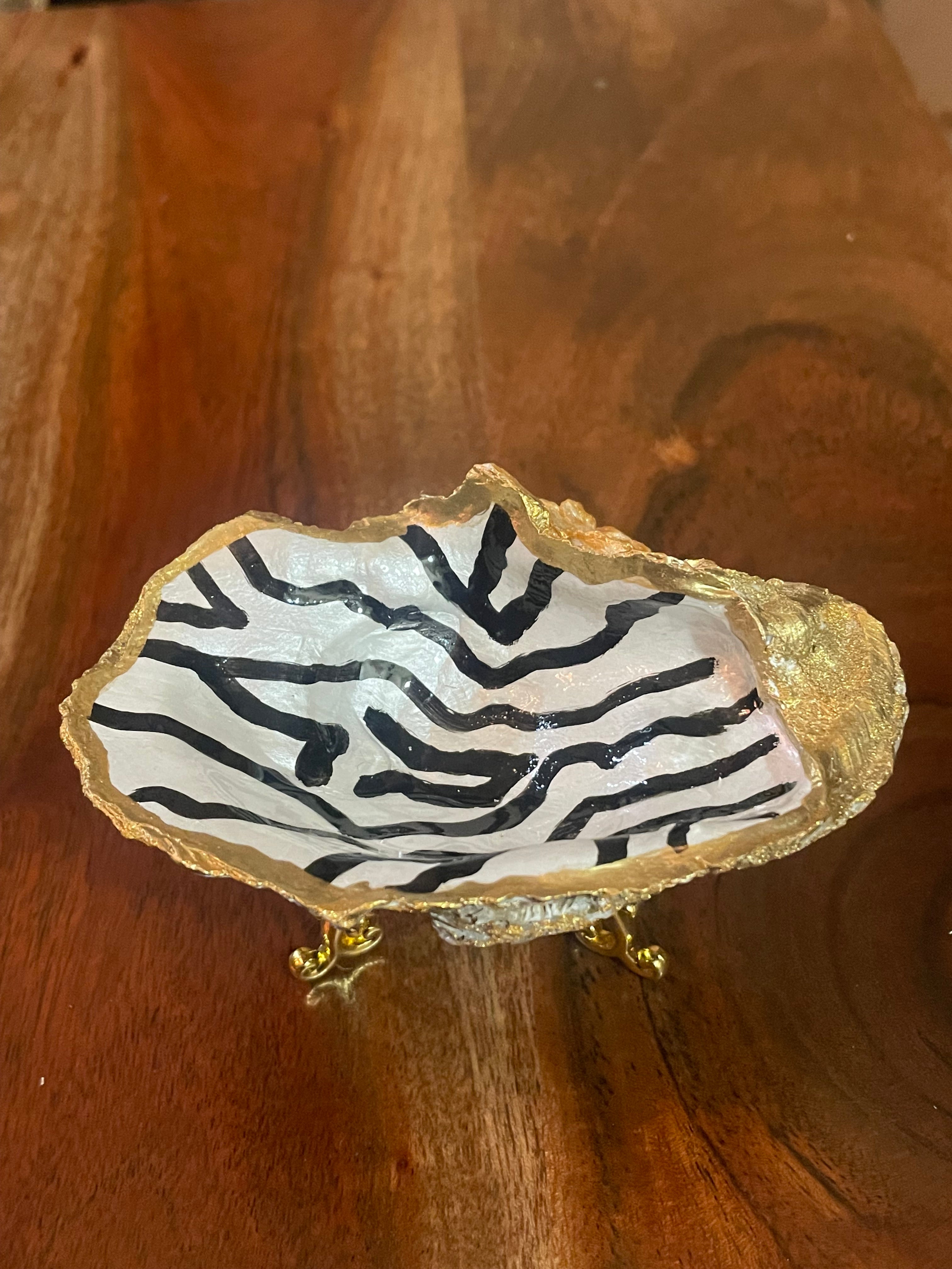 Gilded oyster trinket dish The Midnight Stripe design by The Golden Shoreline"