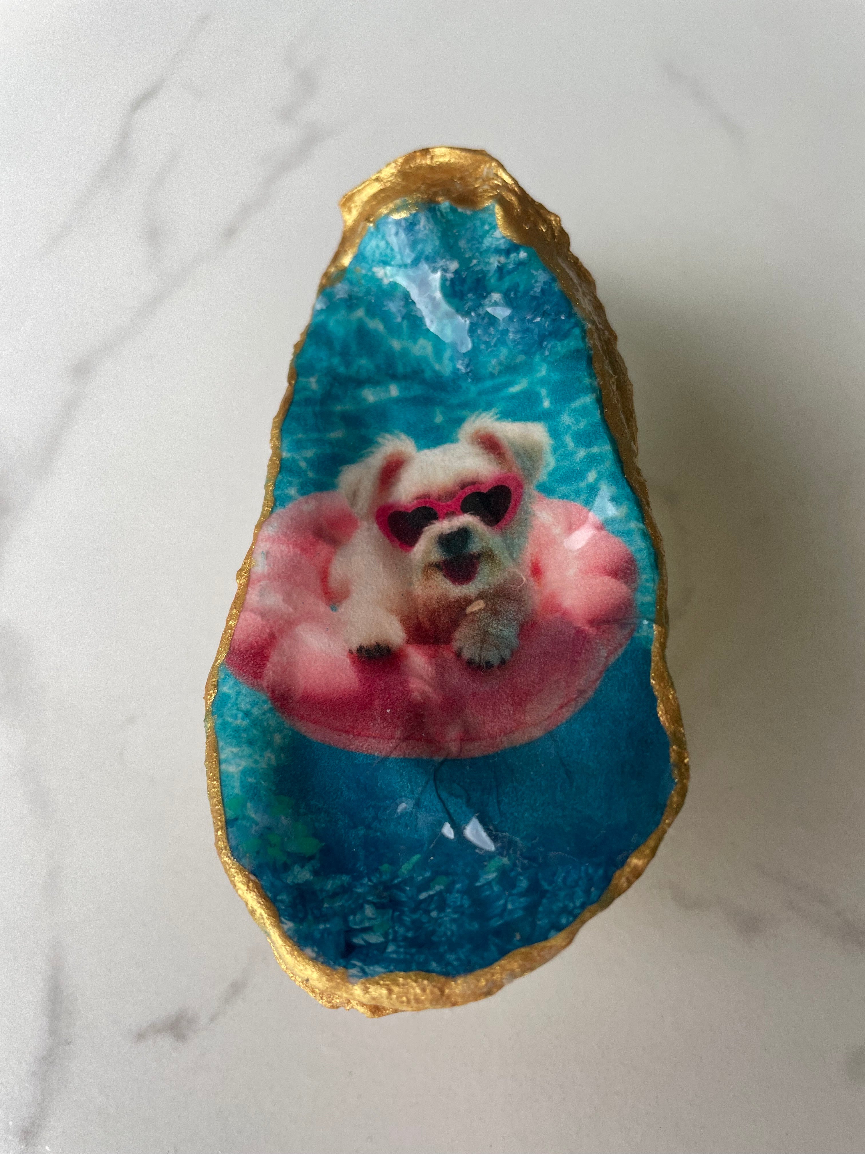Maltese Poolside Paradise oyster shell trinket dish displayed on its ornate gold stand — handcrafted coastal jewelry dish by The Golden Shoreline