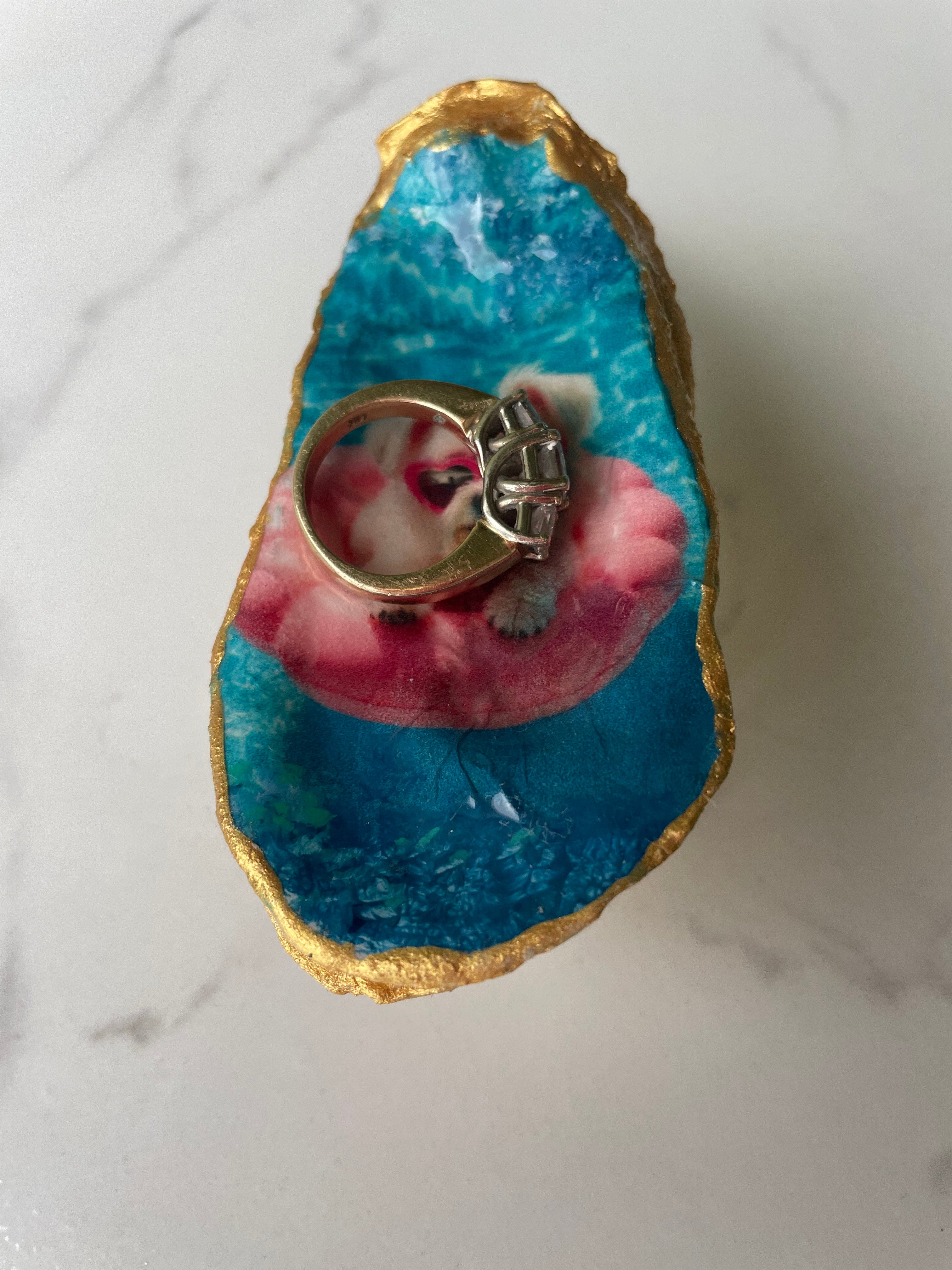 Maltese Poolside Paradise gilded oyster shell trinket dish shown with a ring inside to show size — one-of-a-kind coastal gift for dog lovers