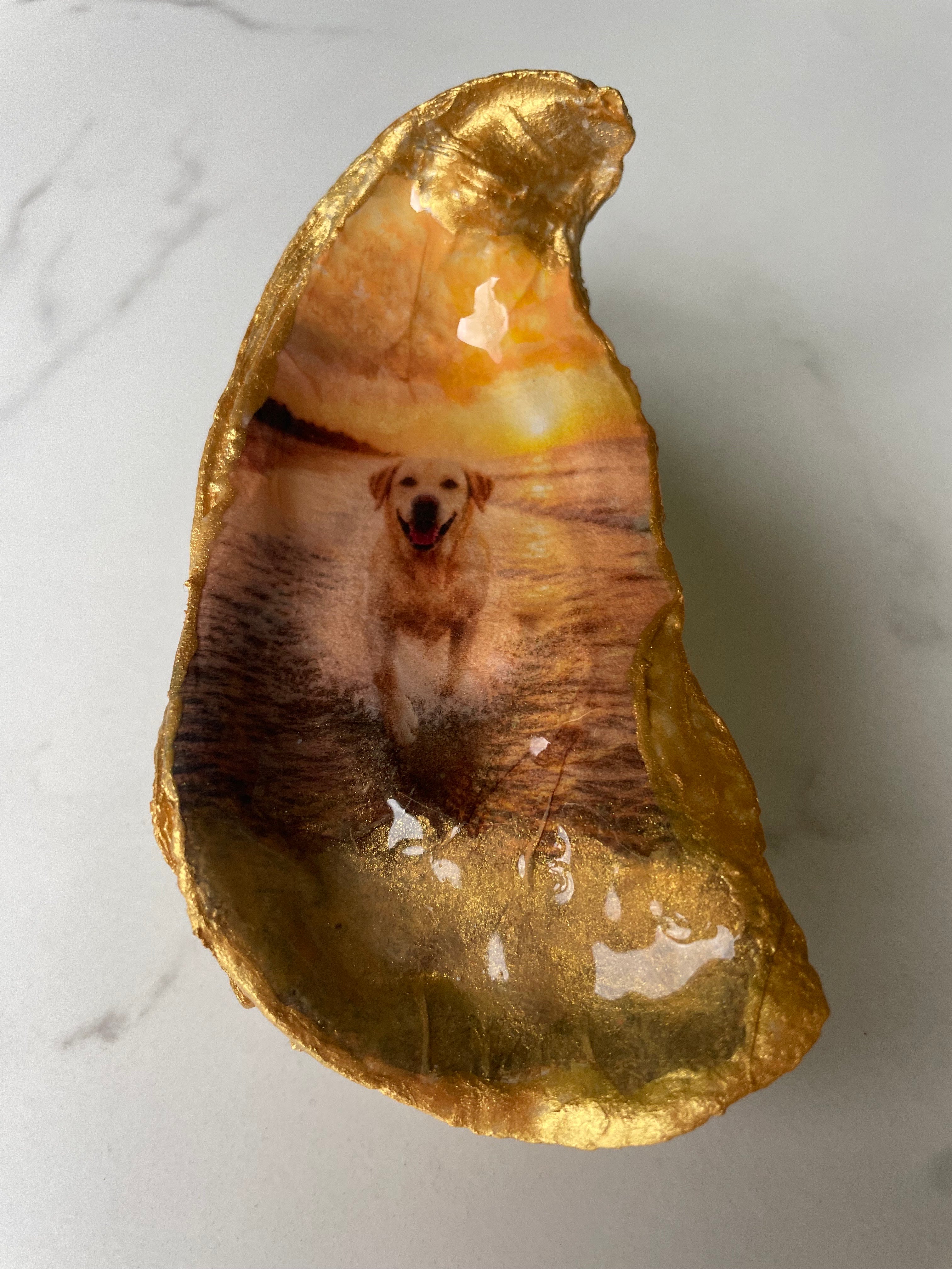 Hero shot of Labrador Sunset Stroll gilded oyster shell ring dish with gold paint edging, displayed on a gold stand