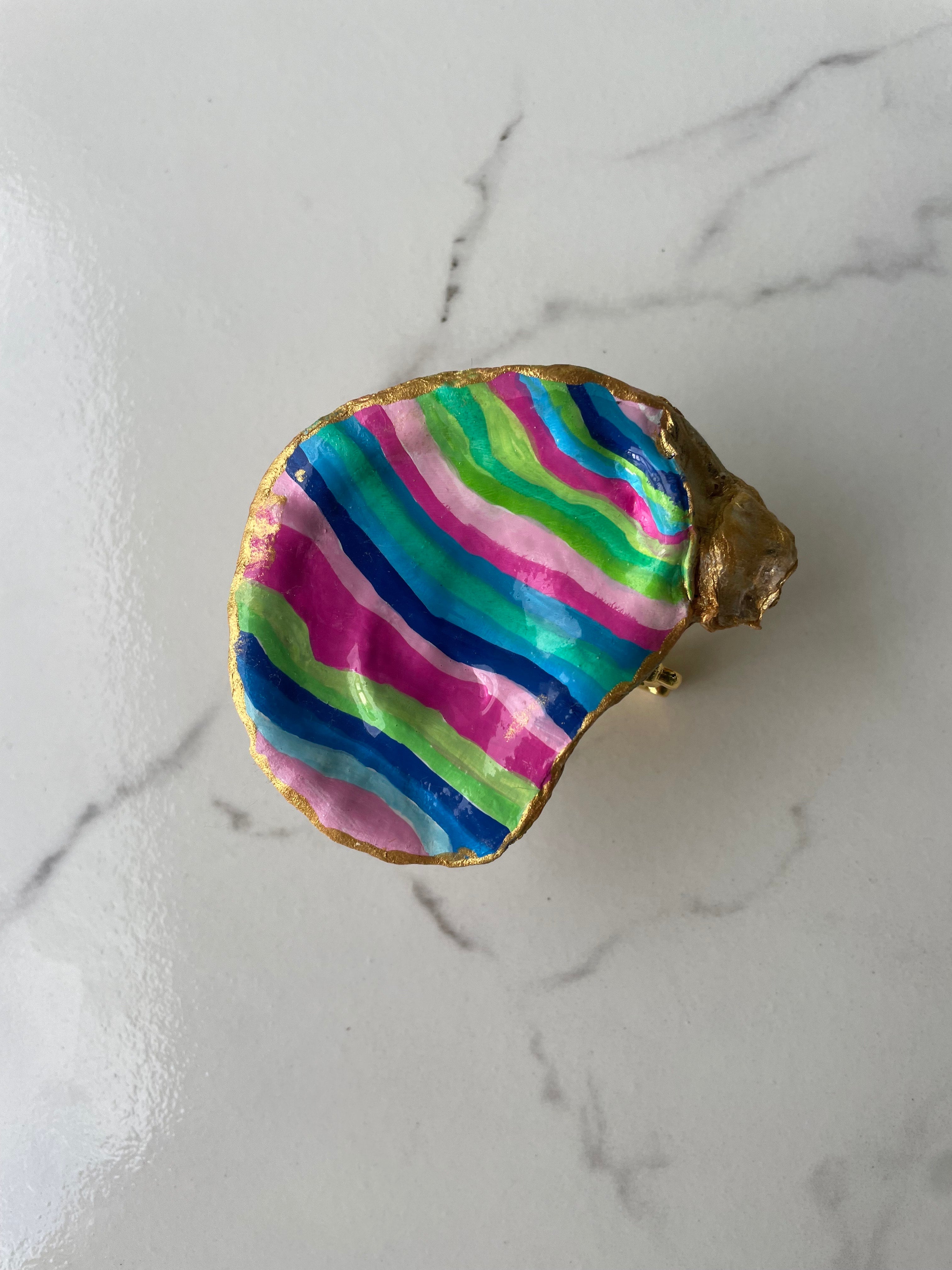 Tropical Stripe gilded oyster shell trinket dish with gold paint accent