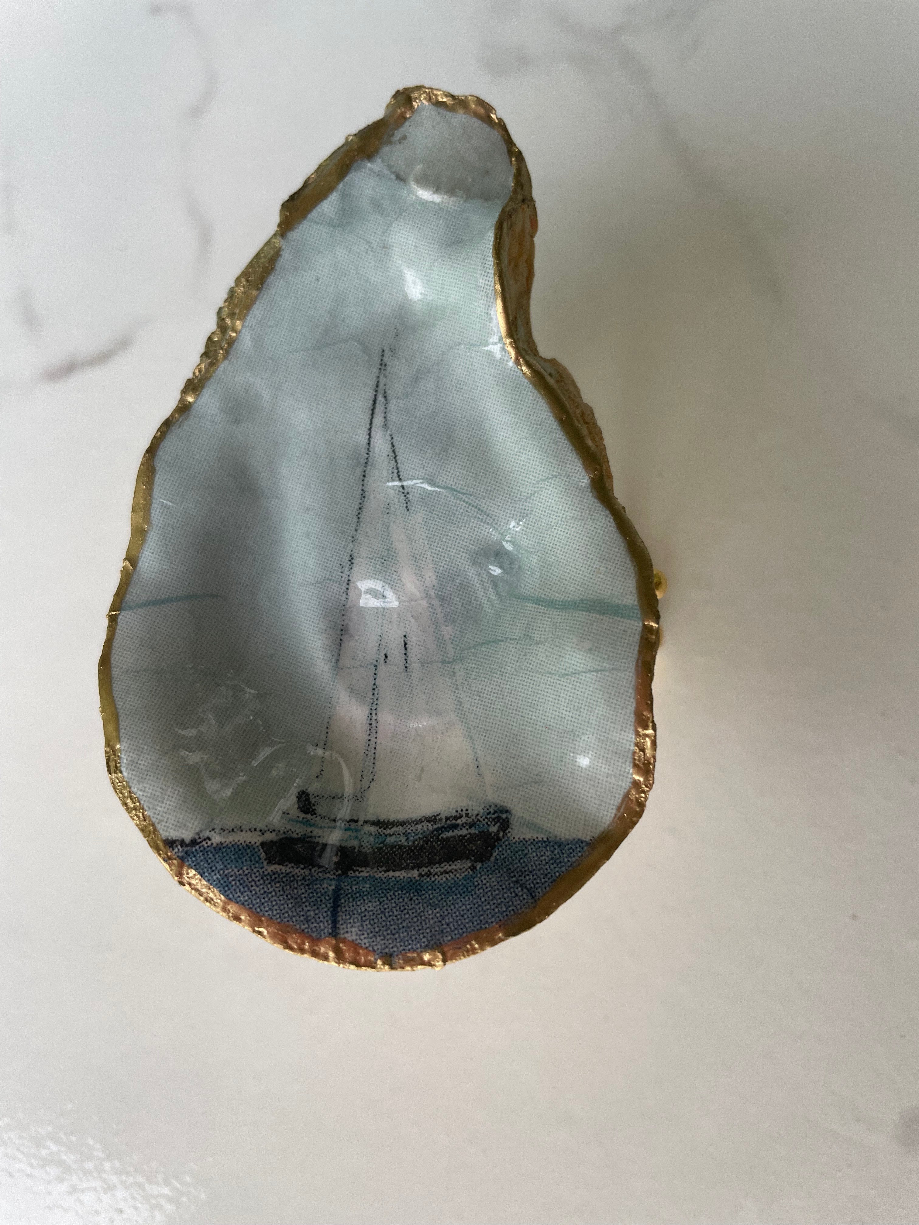 Sailboat gilded oyster shell trinket dish with gold paint accent