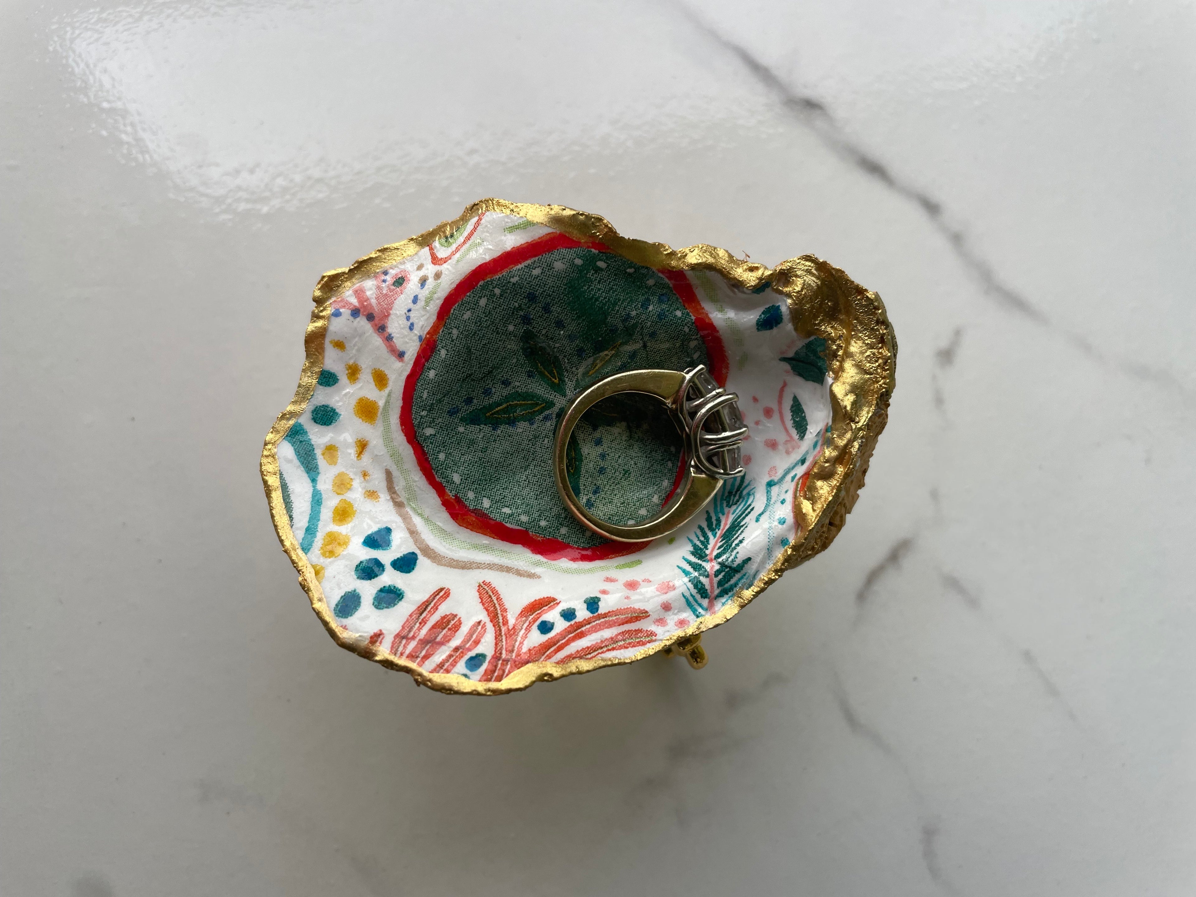 Sand Dollar gilded oyster shell trinket dish shown with ring to display size