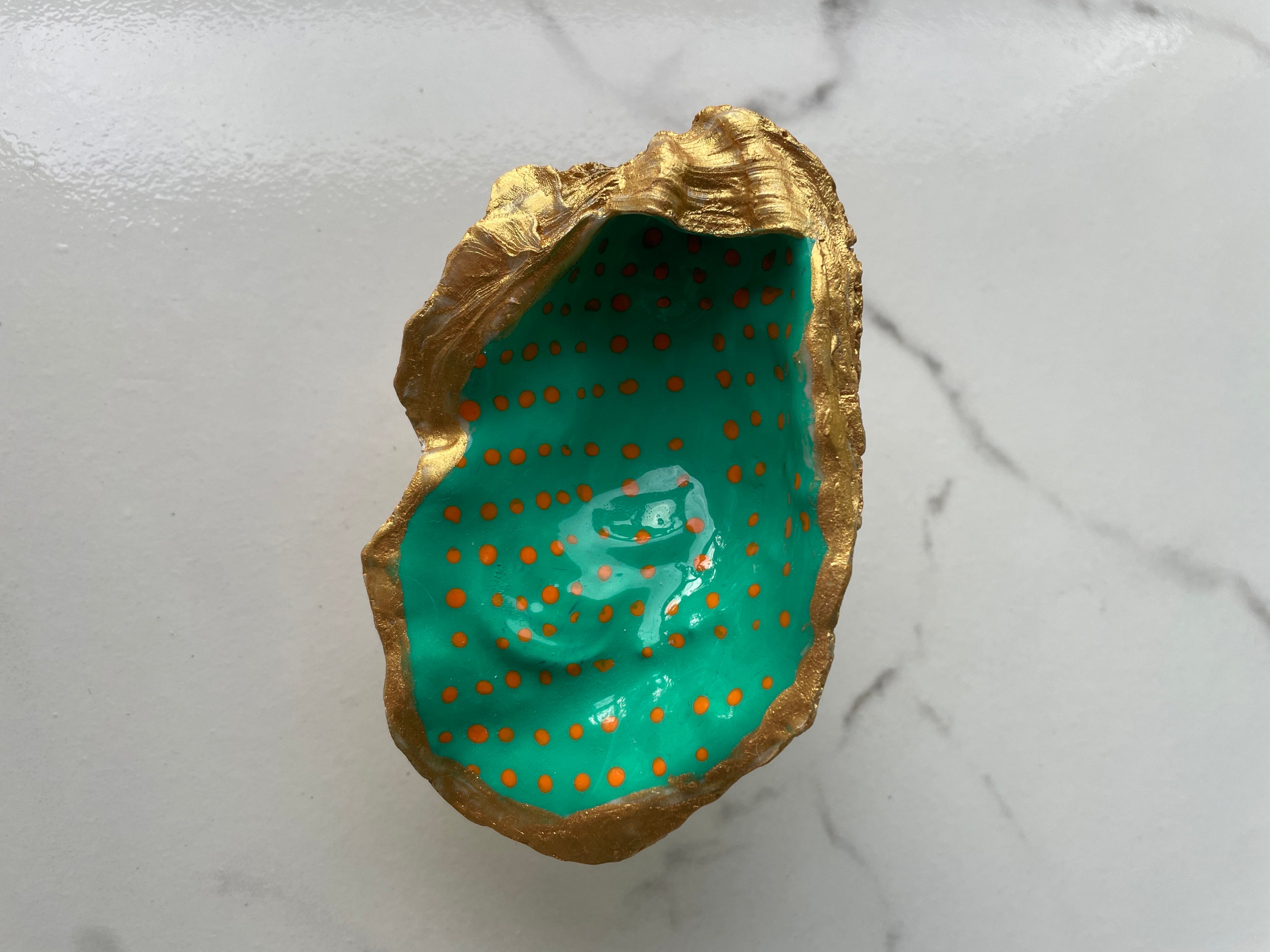 Teal Speckle gilded oyster shell trinket dish with gold paint accent
