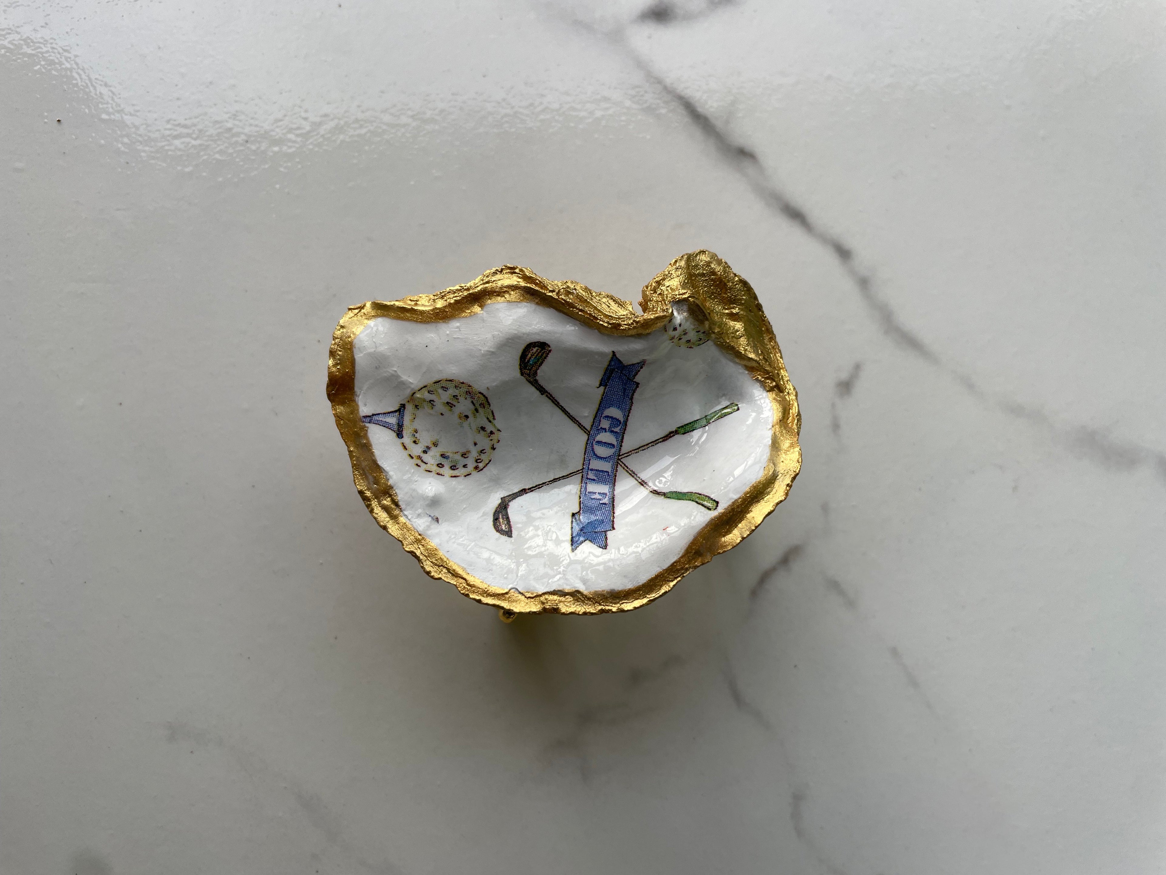 The 19th Hole Keepsake Classic Crossed Clubs Edition gilded oyster shell trinket dish with gold paint accent