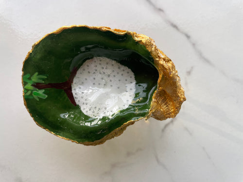 The 19th Hole Keepsake Emerald Green Edition gilded oyster shell trinket dish with gold paint accent