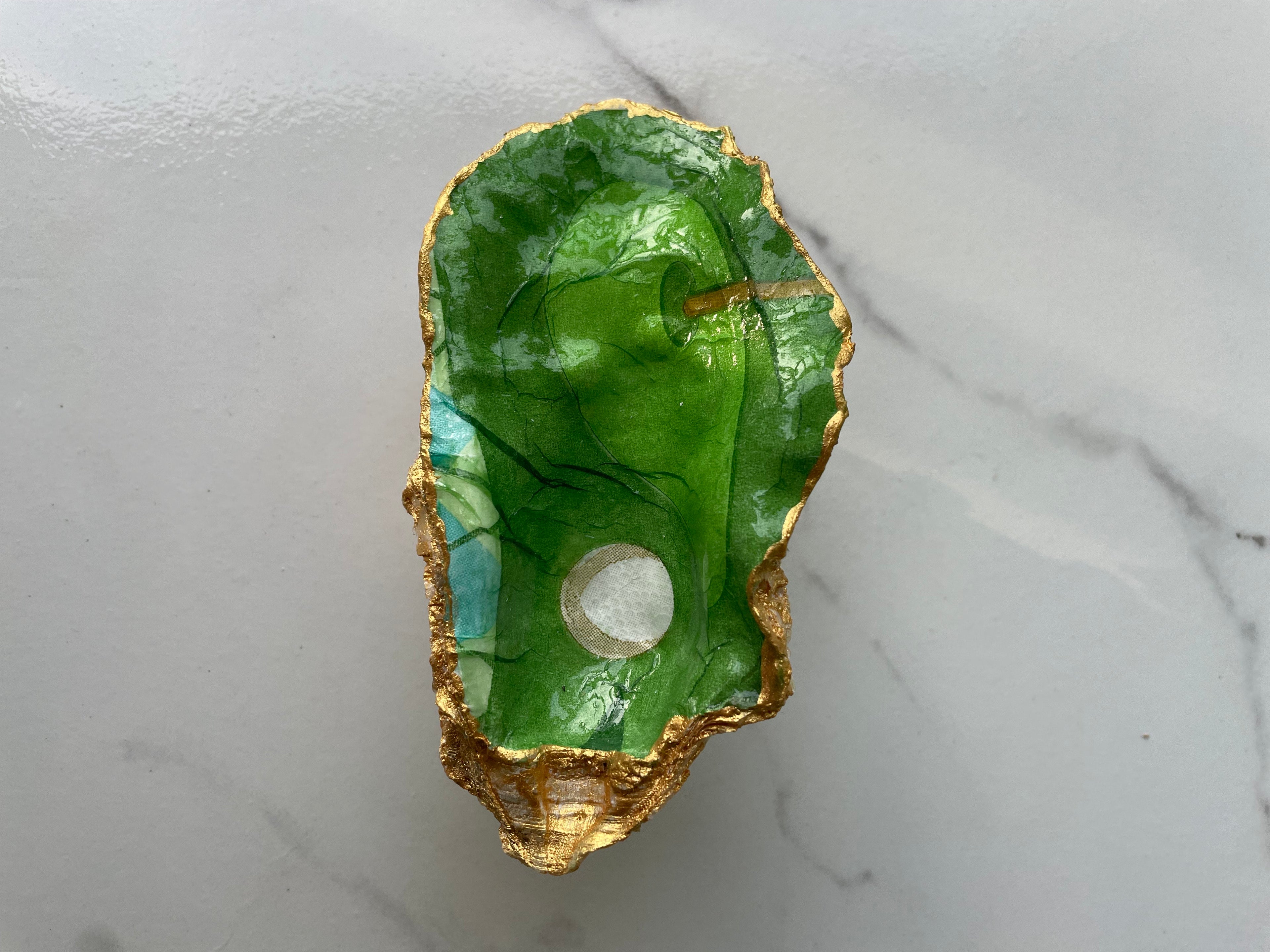 The 19th Hole Keepsake Green in Play Edition gilded oyster shell trinket dish with gold paint accent