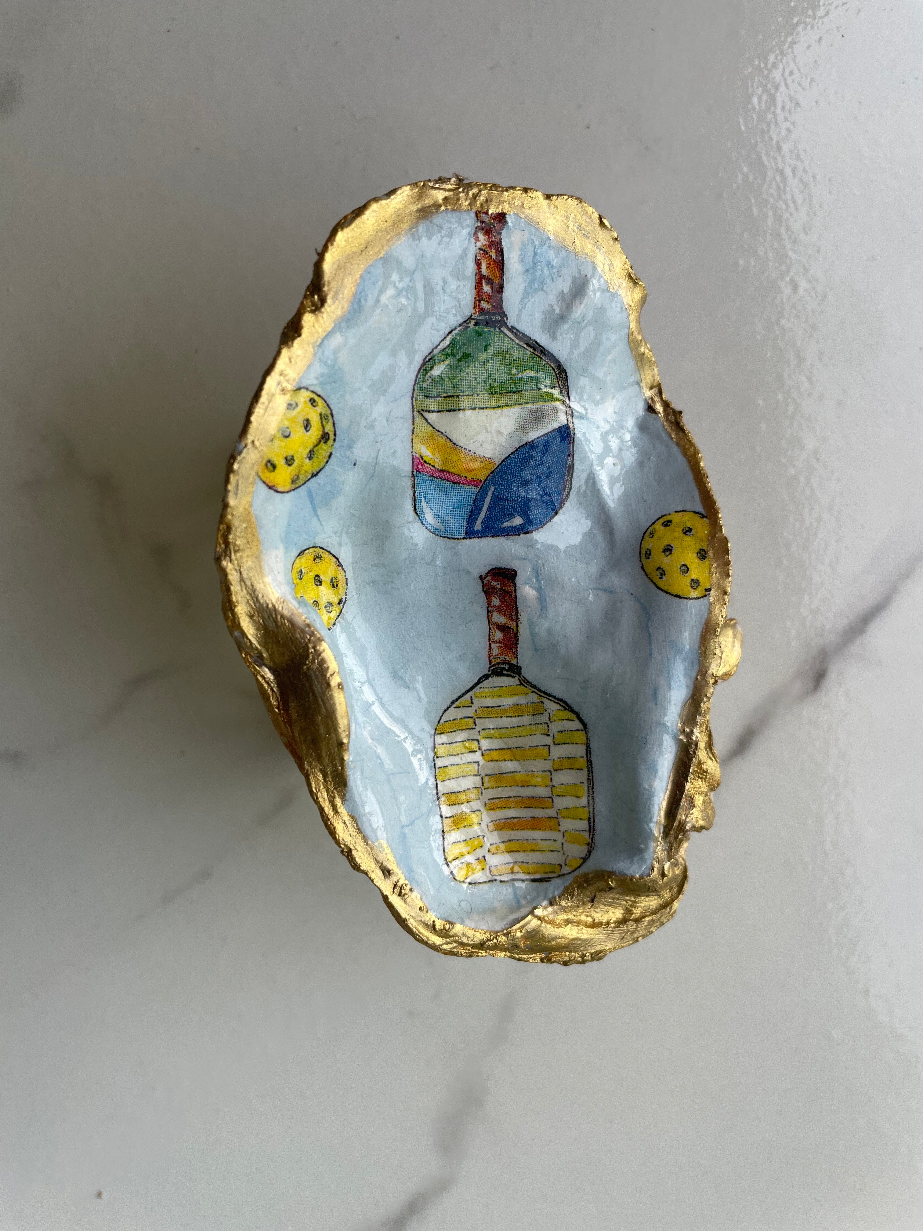 Pickleball Rally gilded oyster shell trinket dish with gold paint accent