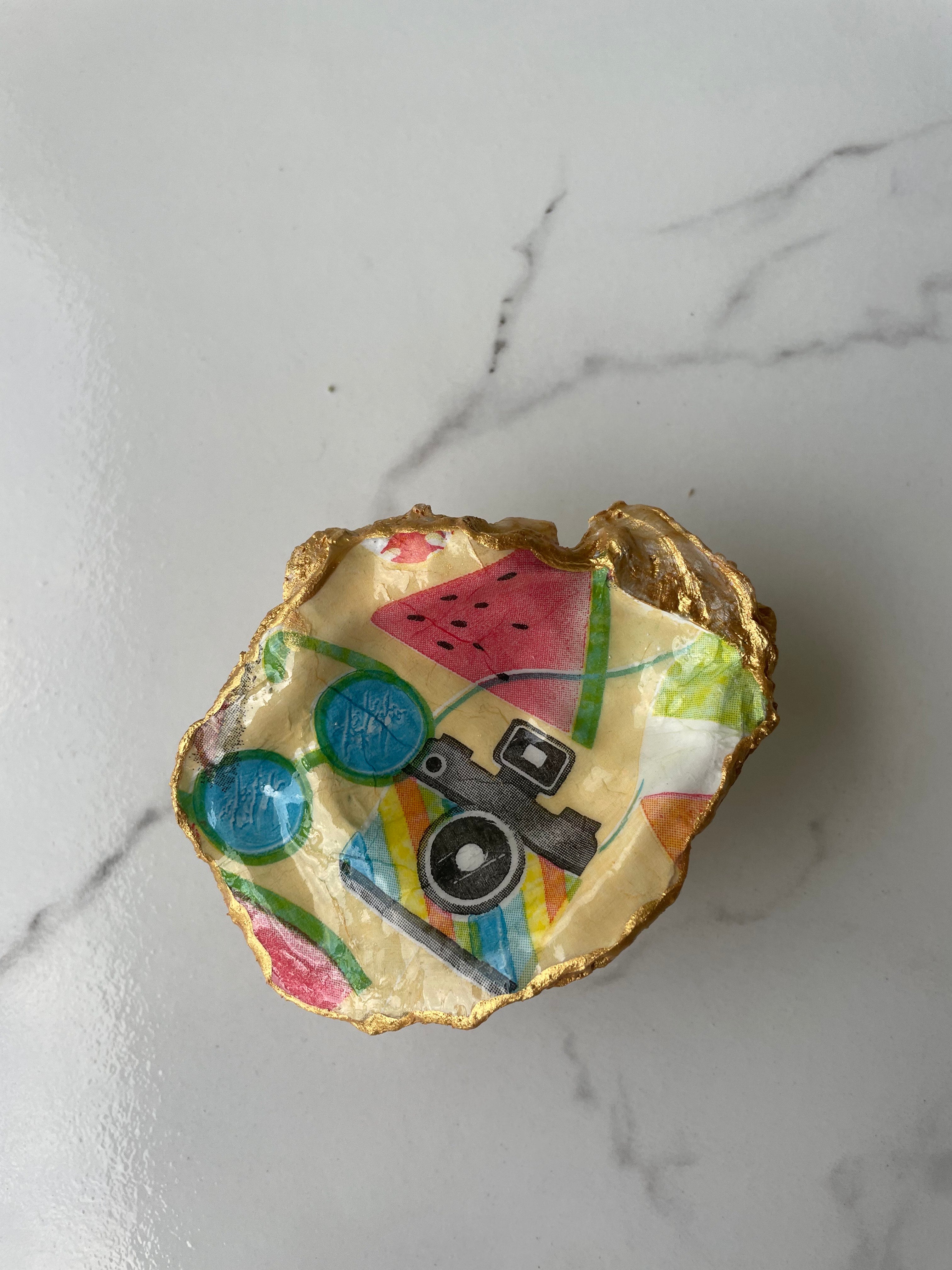 Vacation Lens gilded oyster shell trinket dish with gold paint accent