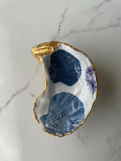 Cobalt gilded oyster shell trinket dish with gold paint accent