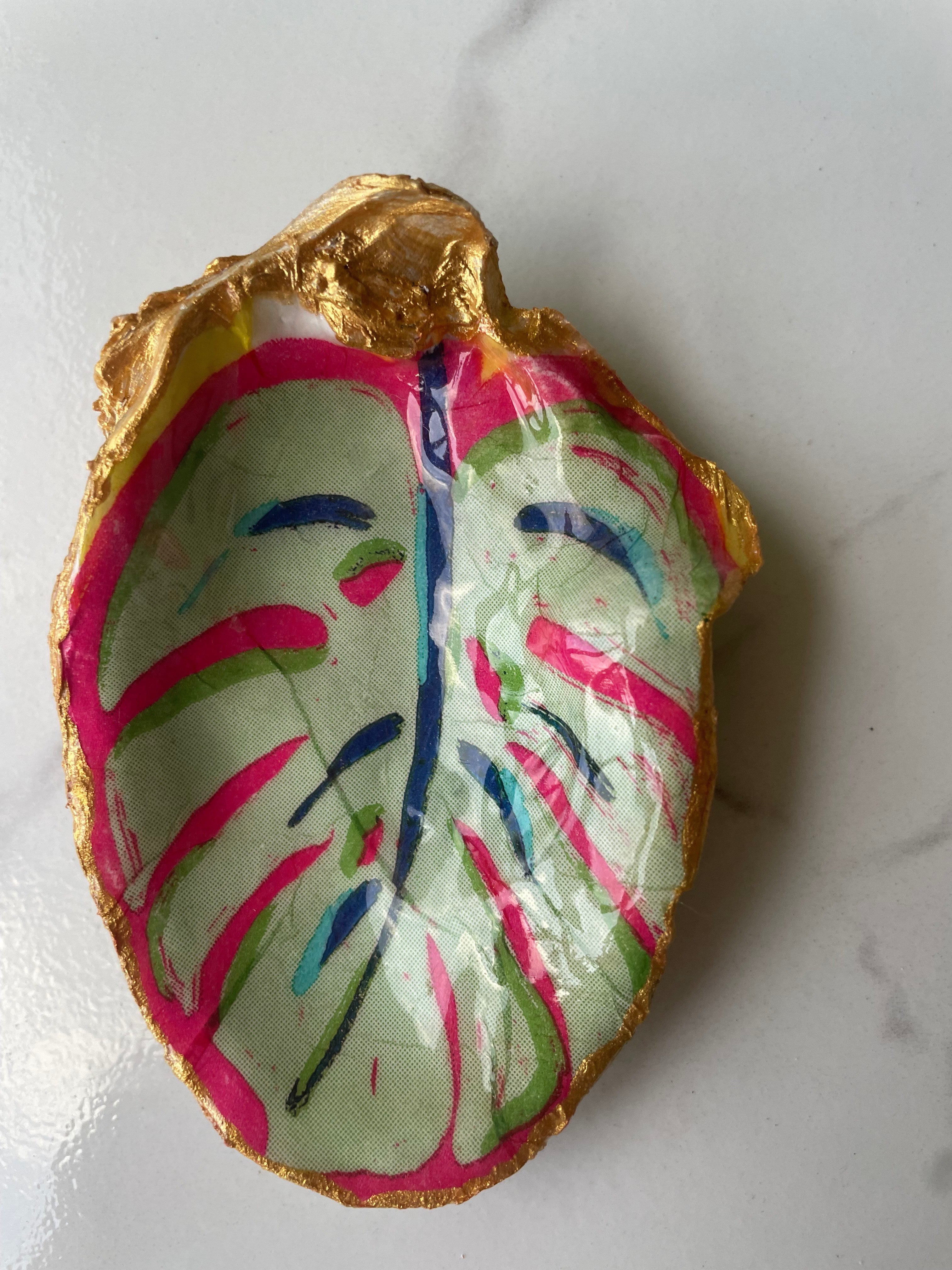 Monstera Collection gilded oyster shell trinket dish with gold paint accent