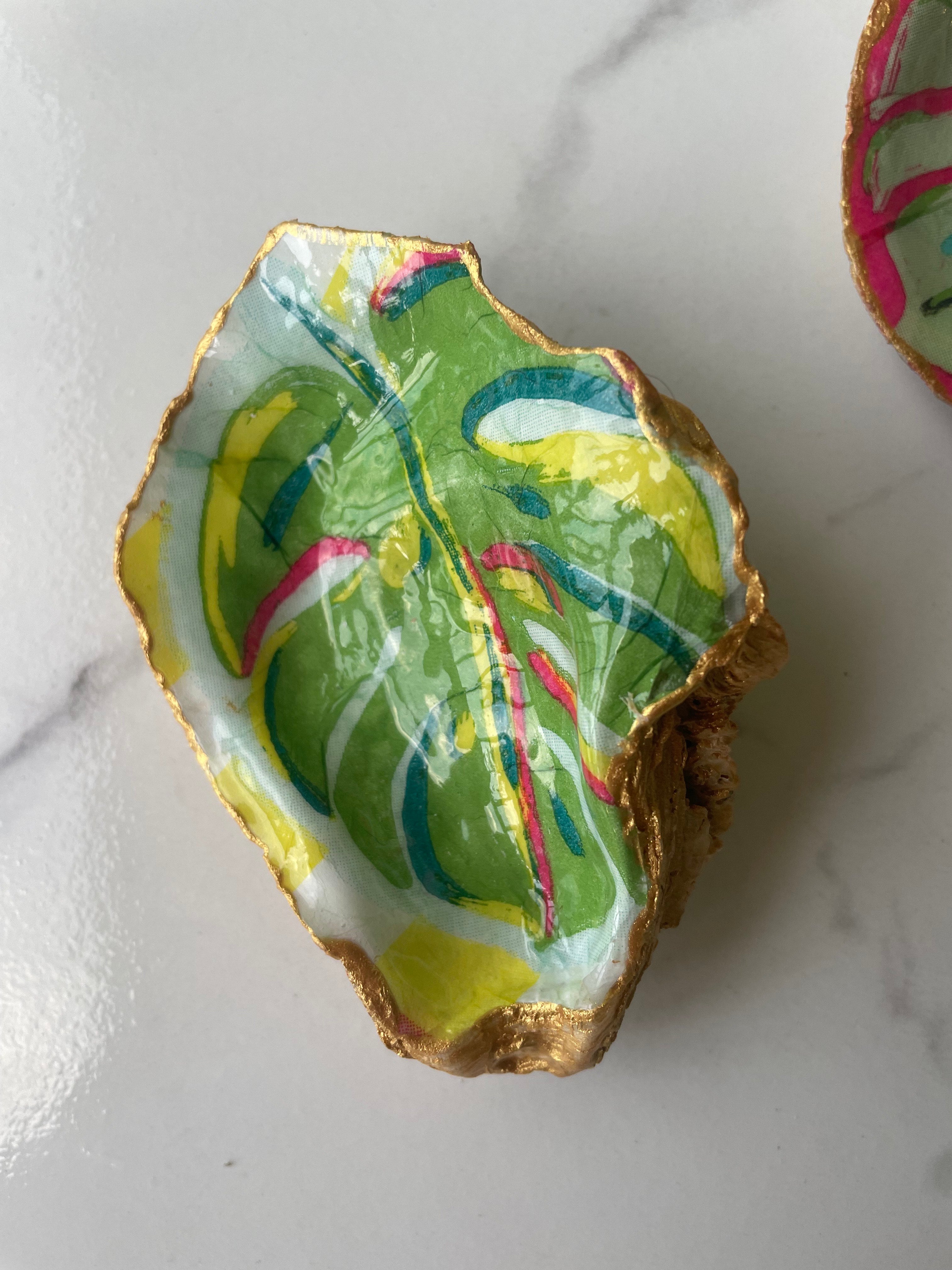 Monstera Collection gilded oyster shell trinket dish with gold paint accent