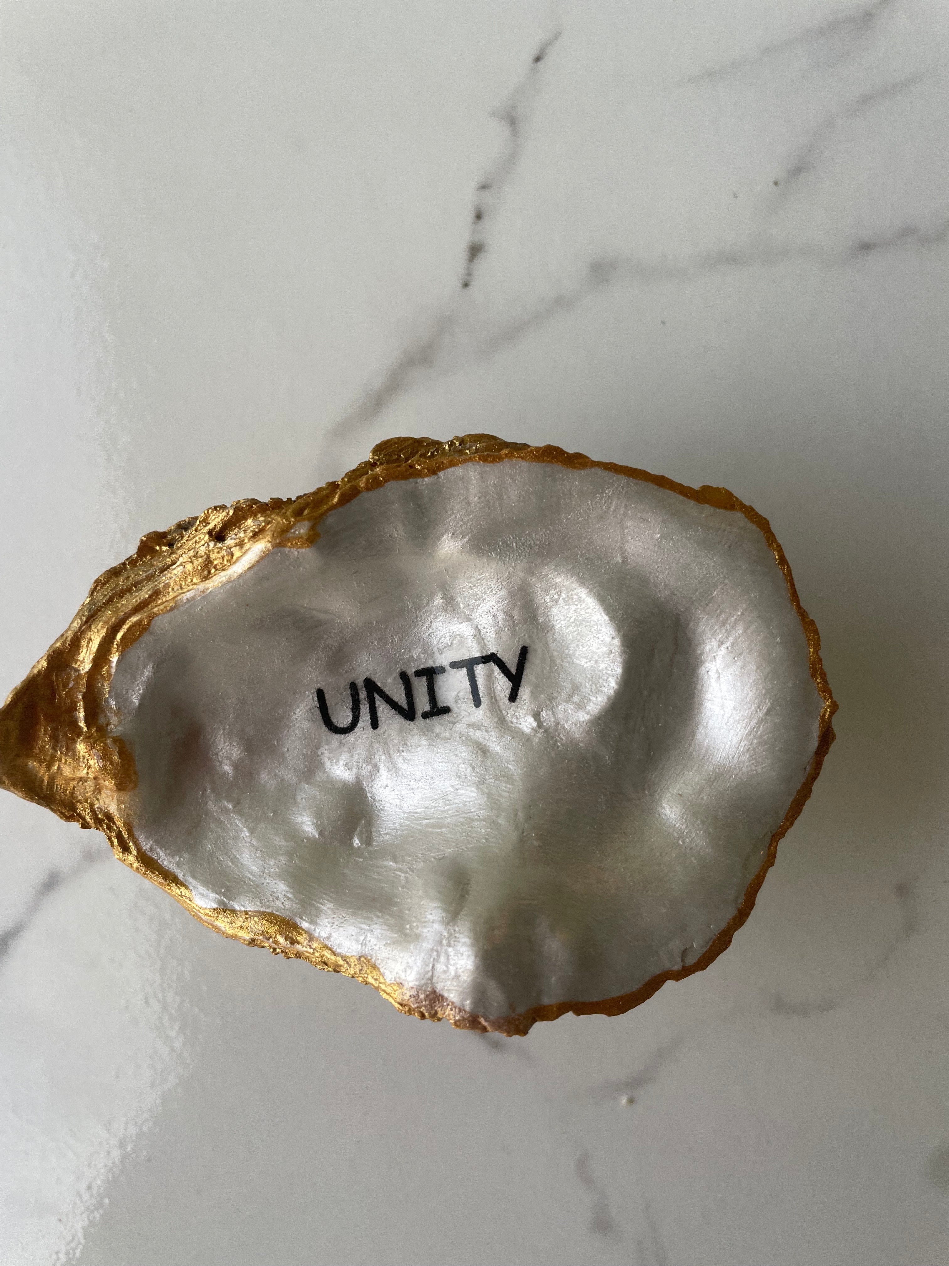 Coastal Mindfulness gilded oyster shell trinket dish with gold paint acce