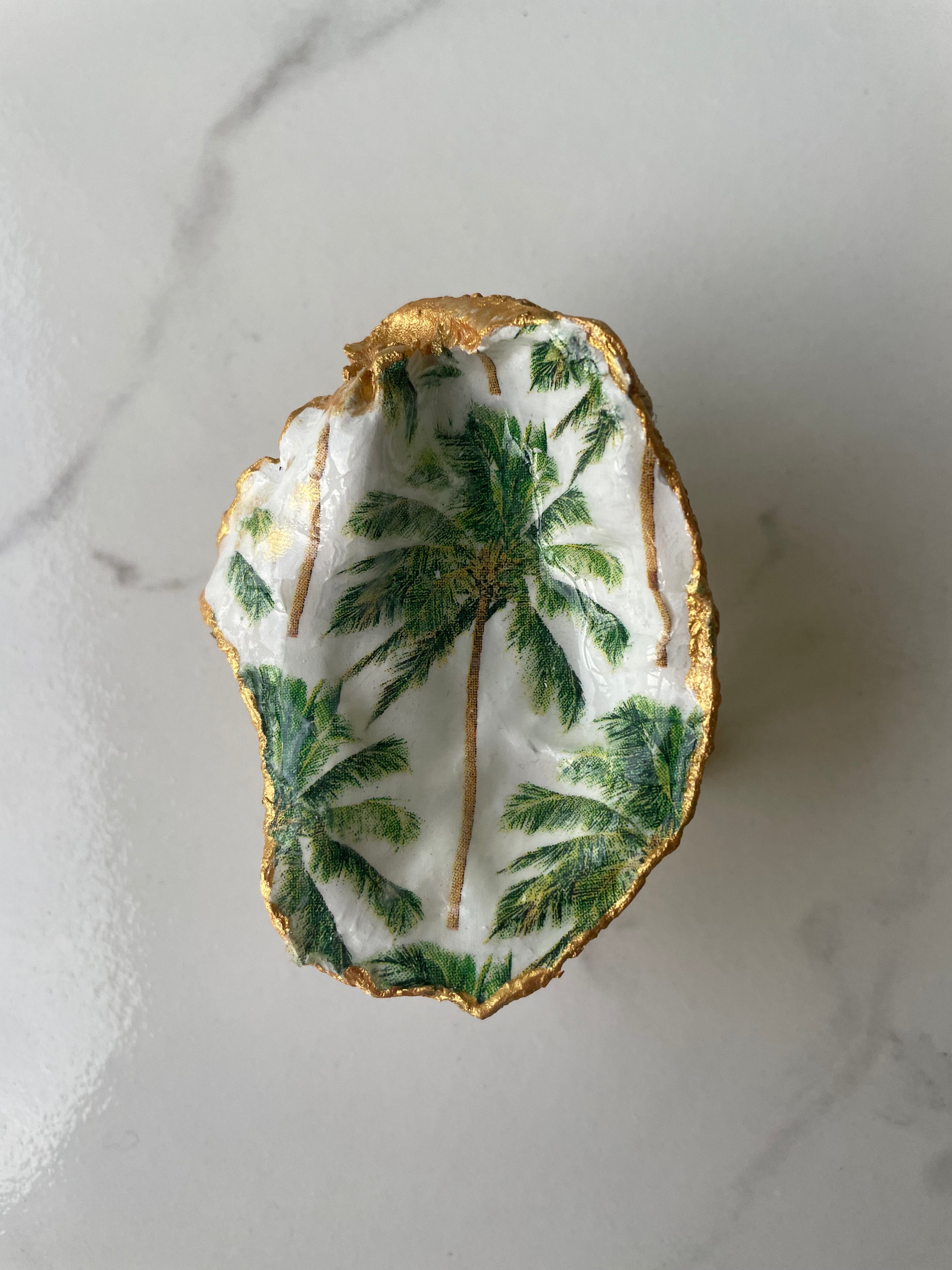 Midnight Palm gilded oyster shell trinket dish with gold paint accent