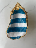 Harbor Blue Stripe gilded oyster shell trinket dish with gold paint accent
