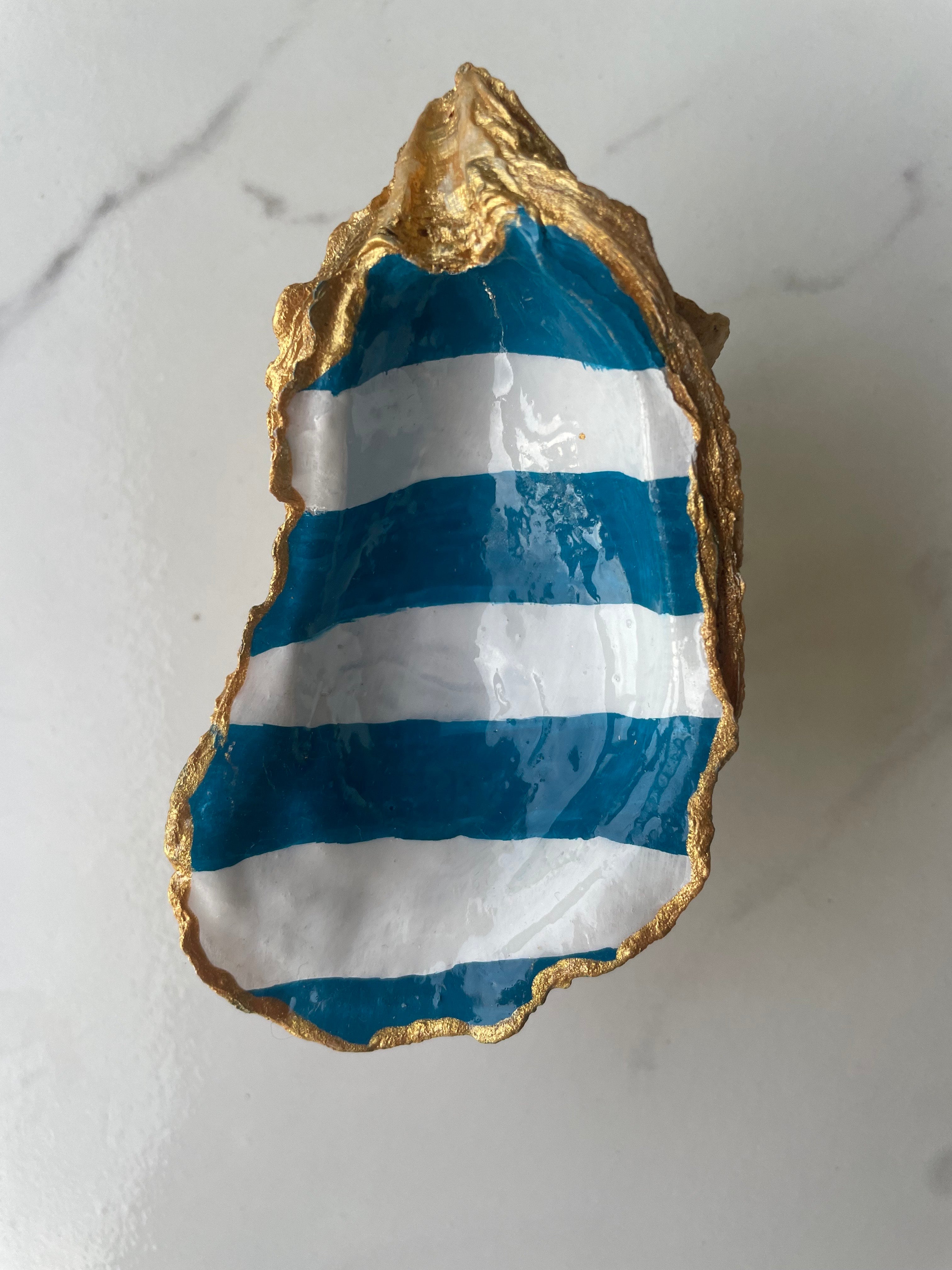 Harbor Blue Stripe gilded oyster shell trinket dish with gold paint accent