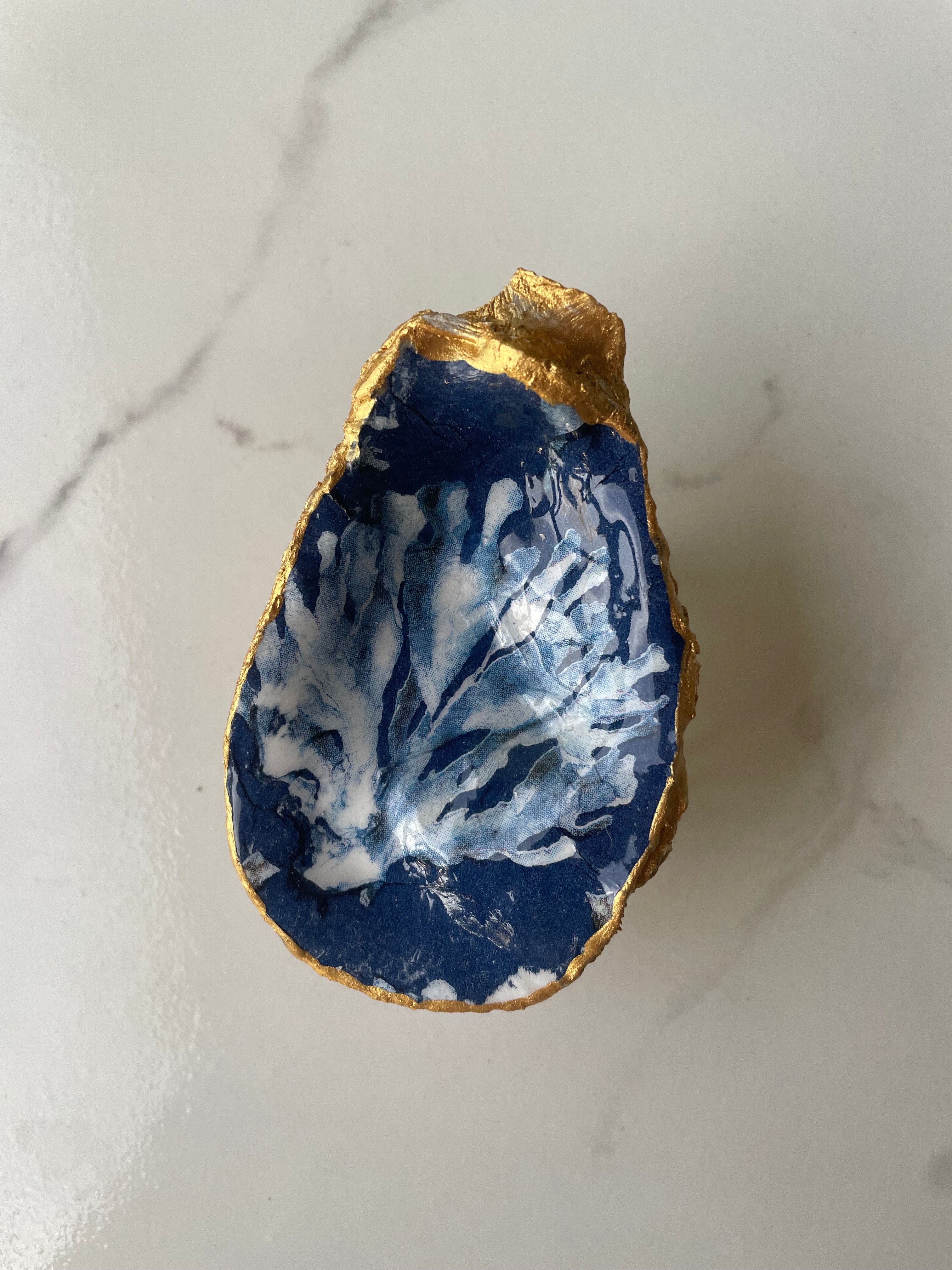 Blue Coral Resilience gilded oyster shell trinket dish with gold paint accent