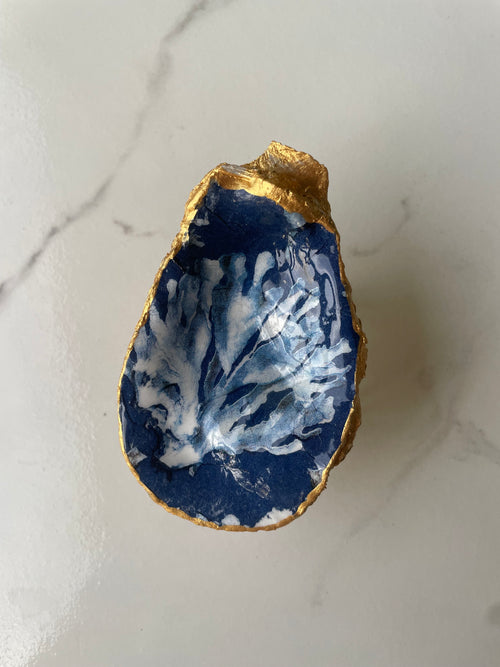 Blue Coral Resilience gilded oyster shell trinket dish with gold paint accent