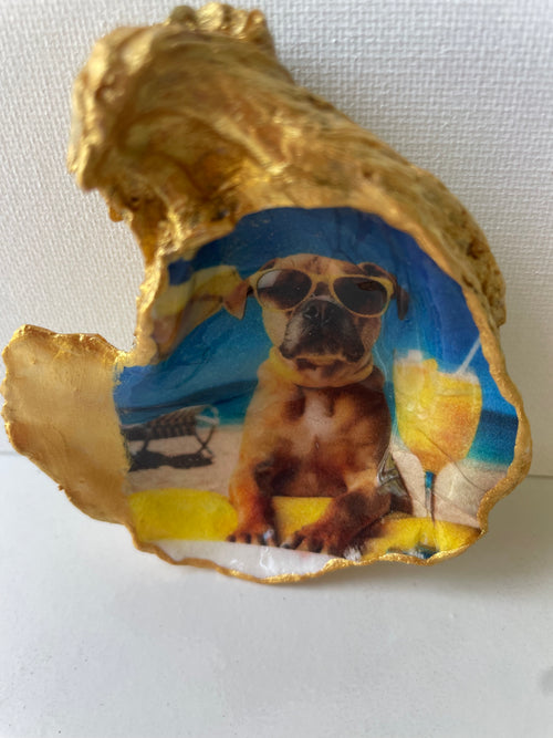 Hero shot of Boxer Paradise gilded oyster shell  dish with gold paint edging.