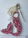 Serenity Pink Mermaid Wall Plaque on white background — handcrafted pink shell mermaid art with gold paint edges by The Golden Shoreline