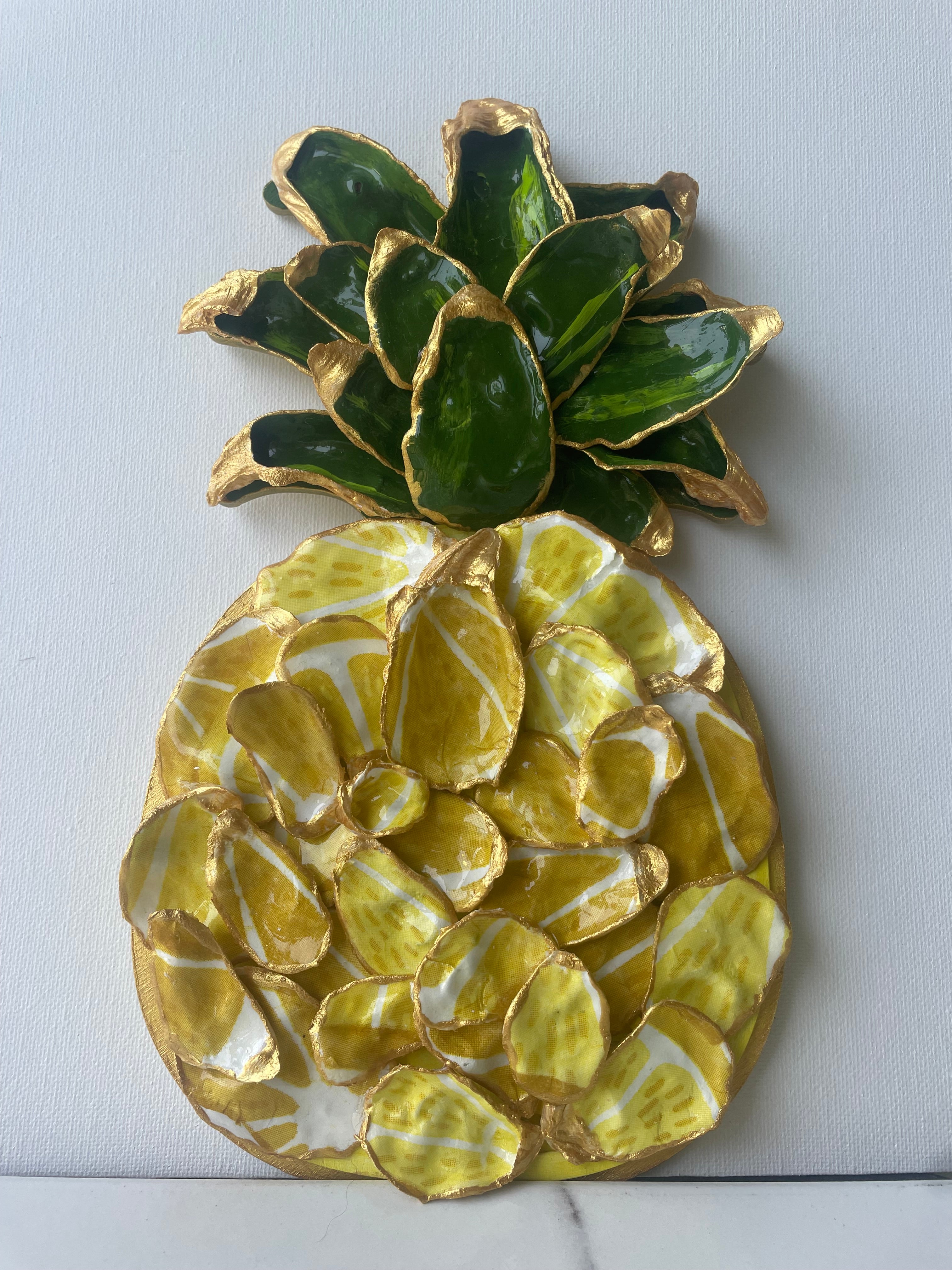 The Golden Pineapple Shell Plaque — handcrafted yellow and green shell pineapple design with gold paint edges by The Golden Shoreline