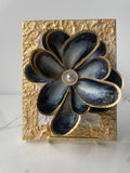 "Handcrafted mussel shell flower with gold paint edges and pearl center, mounted on a textured canvas board — Midnight Bloom by The Golden Shoreline"