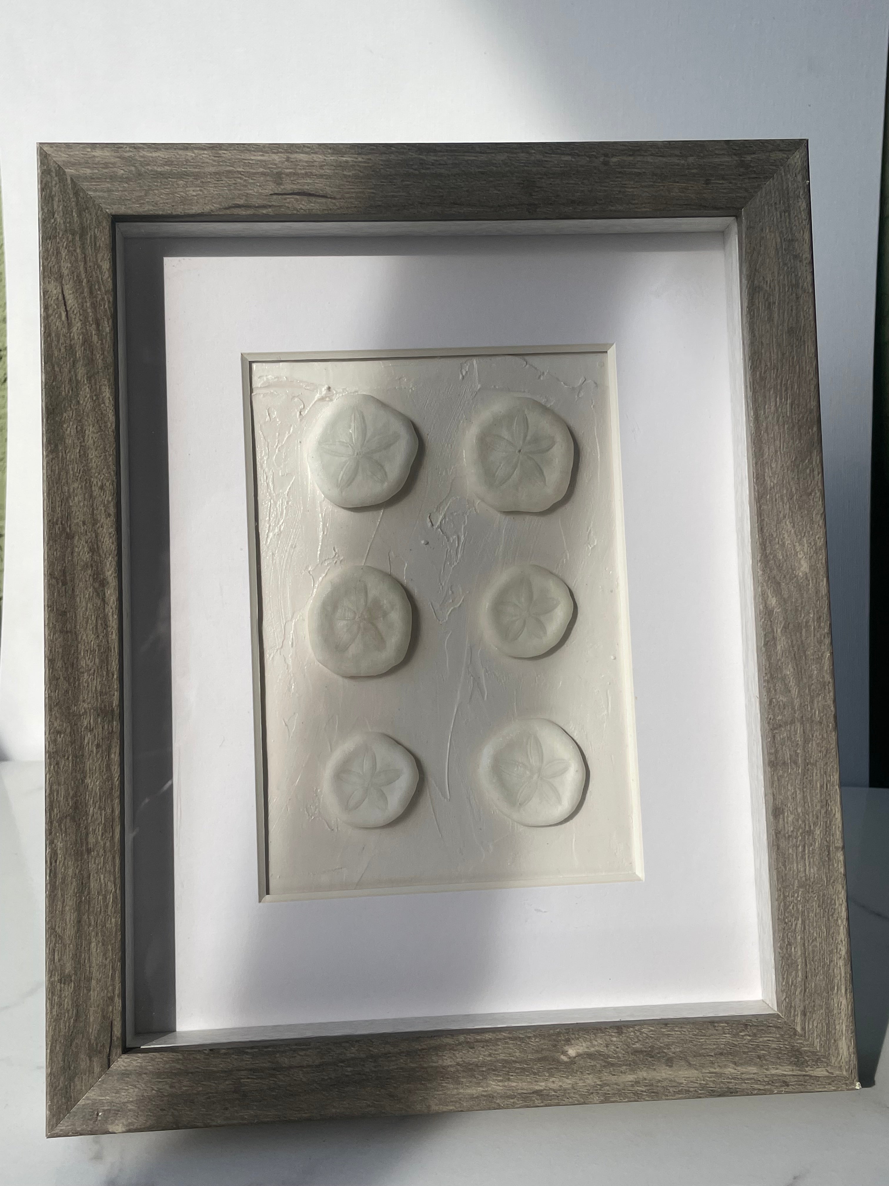 Handcrafted framed sea biscuit wall art with six natural sea biscuits arranged on white textured background in rustic gray wood frame, 8x10 coastal décor by The Golden Shoreline