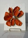 Handcrafted oyster shell flower with coral finish, gold paint edges, and pearl center, mounted on a textured canvas board — The Golden Shoreline