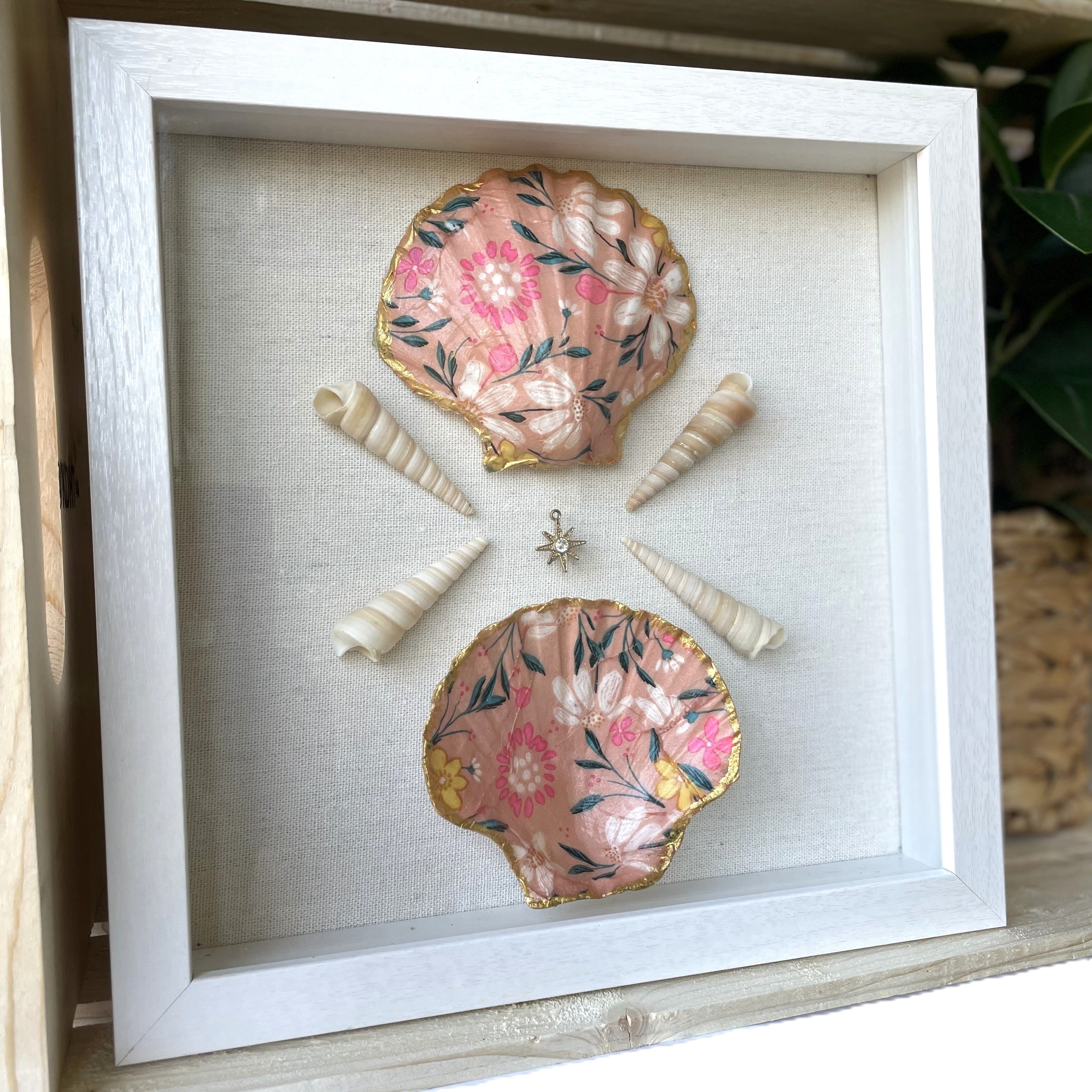 Petals and Pearls gilded shell shadowbox coastal wall art by The Golden Shoreline"