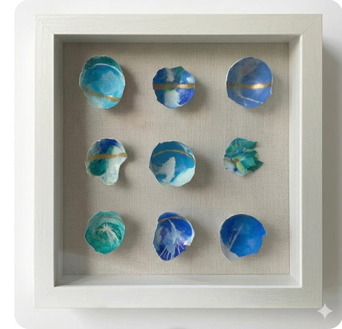 "Azure Crest gilded eggshell kintsugi coastal wall art by The Golden Shoreline"