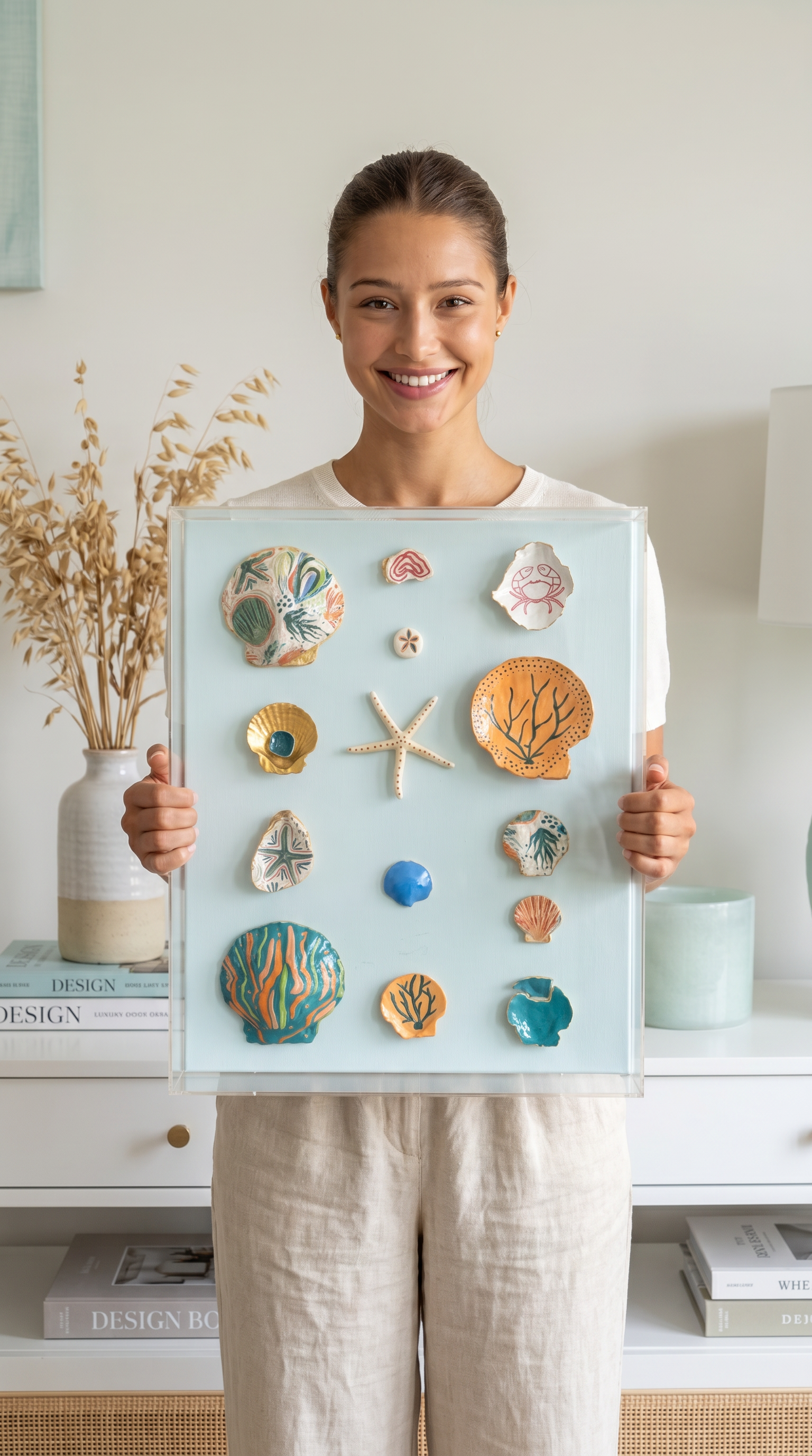 AI lifestyle image of The Tidal Gallery 16x20 hand-painted shell collection shadowbox held by a person — one-of-a-kind coastal gift by The Golden Shoreline