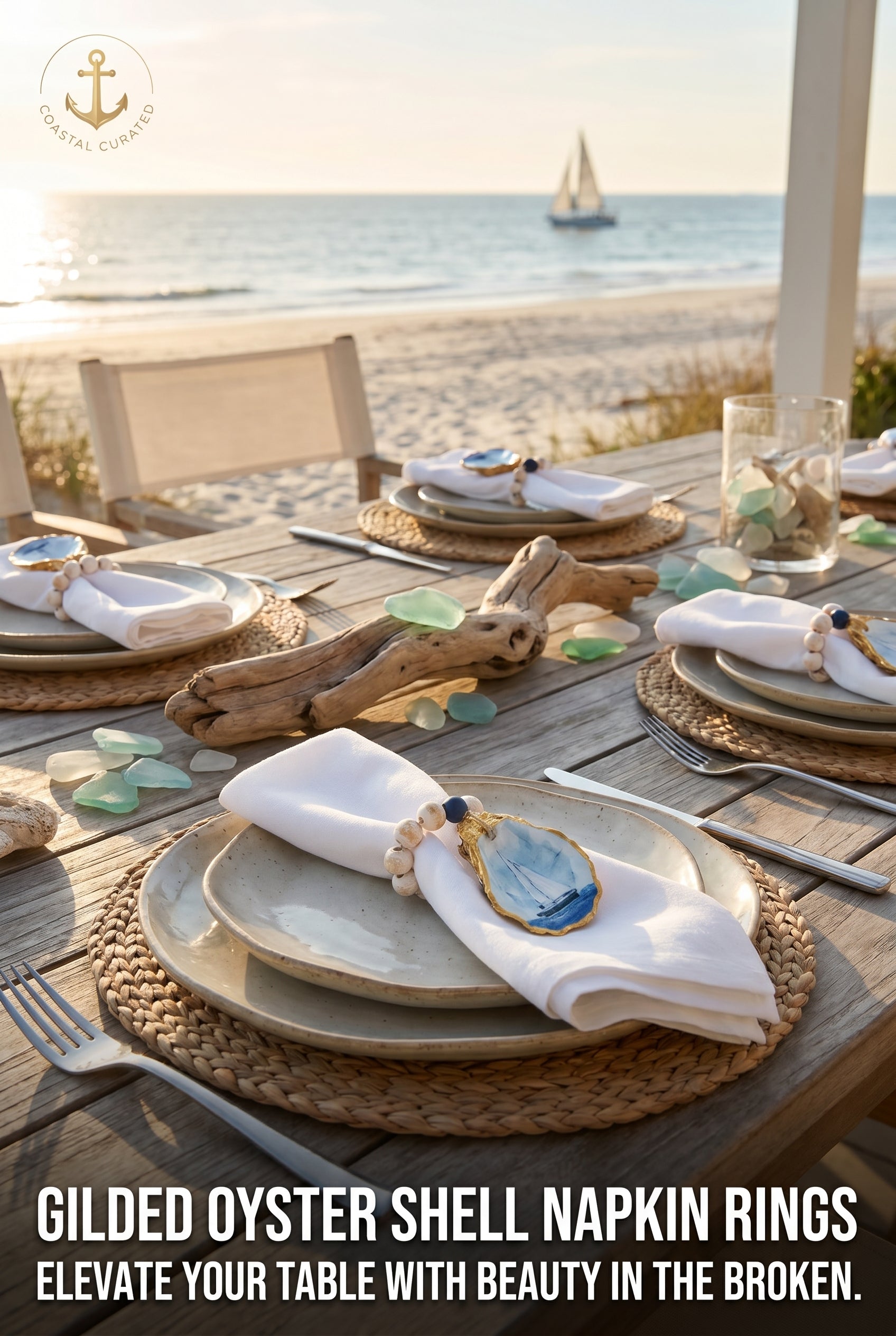 AI lifestyle image of coastal sailboat napkin ring on a place setting on a beach porch — handcrafted shell and sailboat napkin ring set by The Golden Shoreline